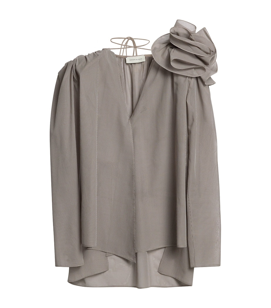 Brown Silk Rose Brooch Blouse