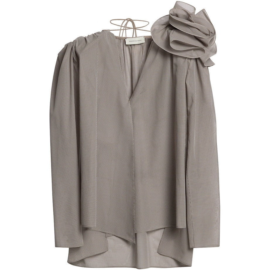 Brown Silk Rose Brooch Blouse