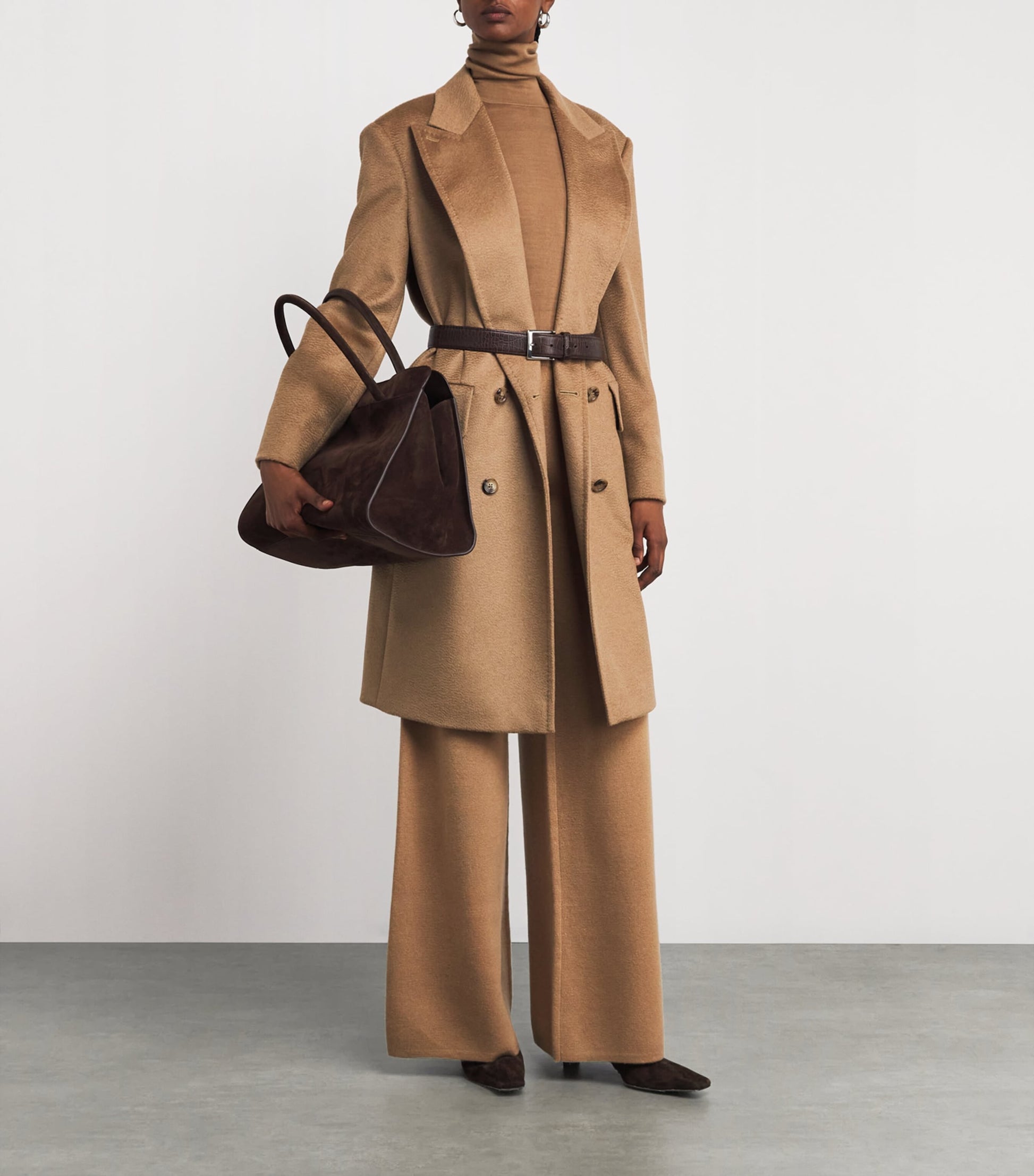 Max Mara Beige Camel Wool Peak Lapel Pea Coat