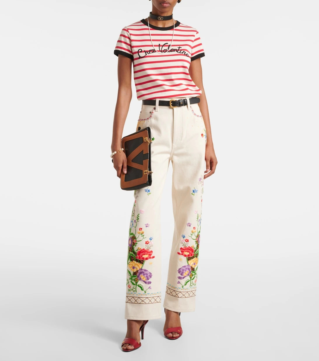 Valentino - High-rise floral embroidered straight jeans