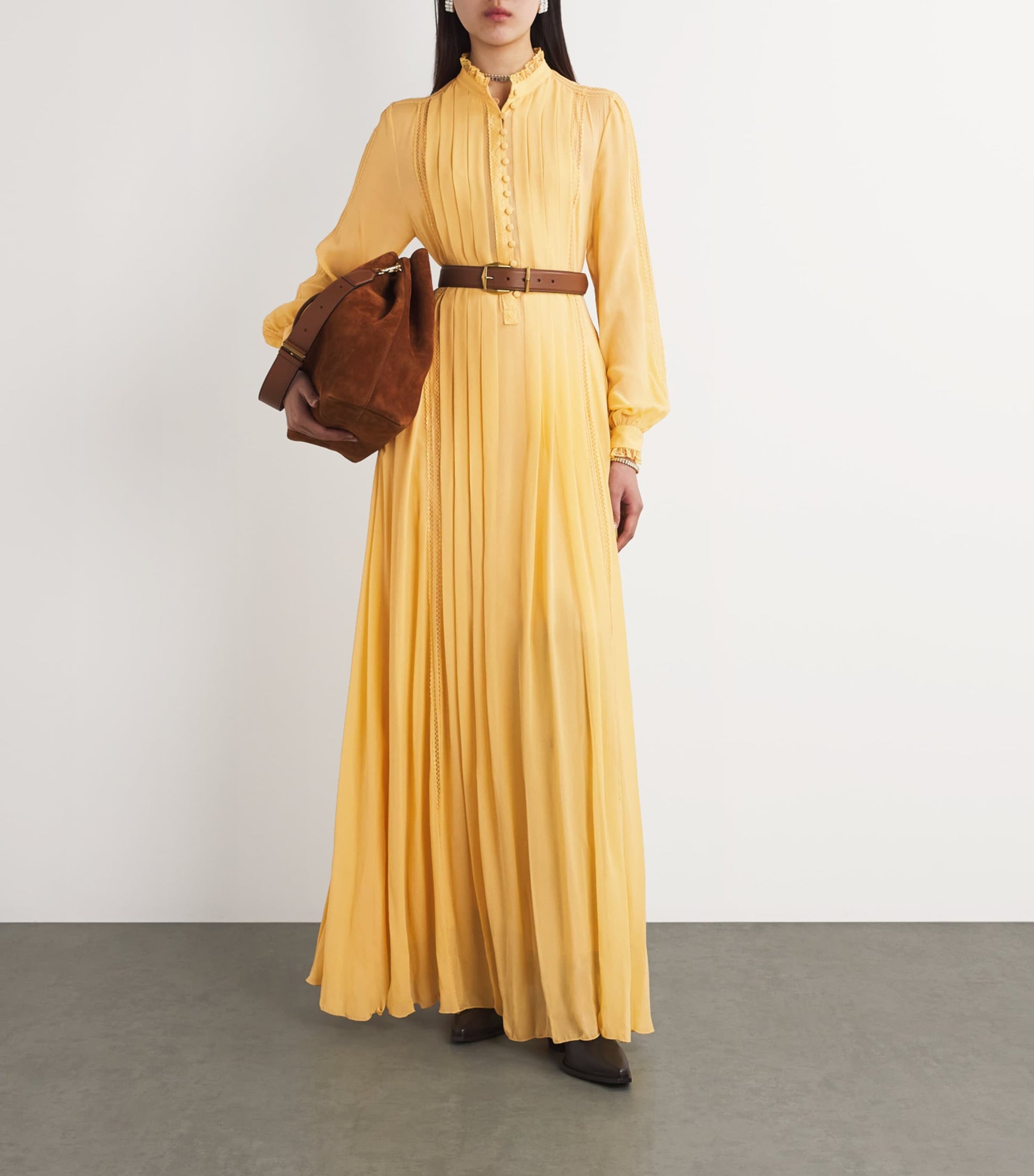 Etro Yellow Silk High-Neck Pleated Gown