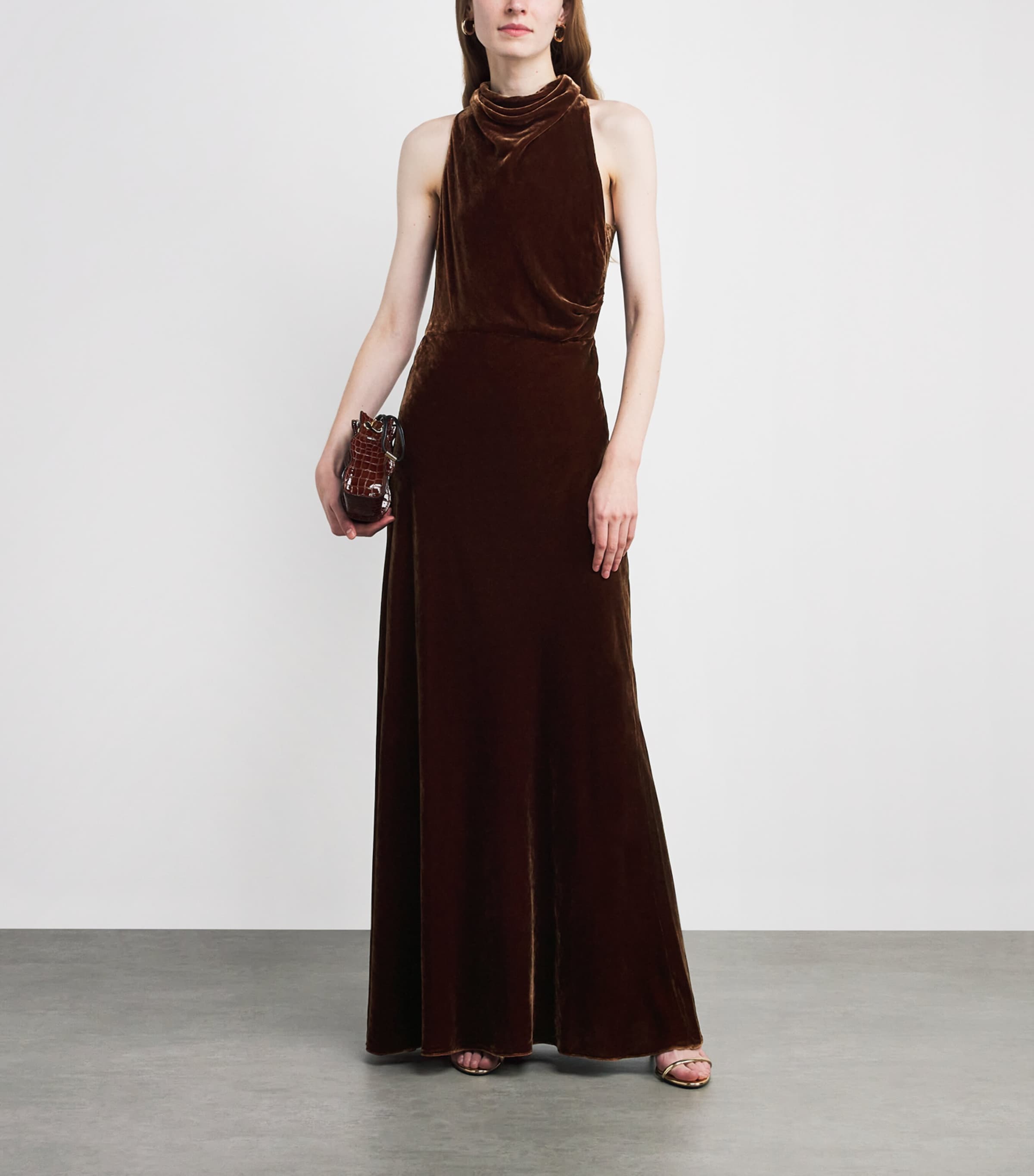 Brown Velvet Draped Maxi Dress