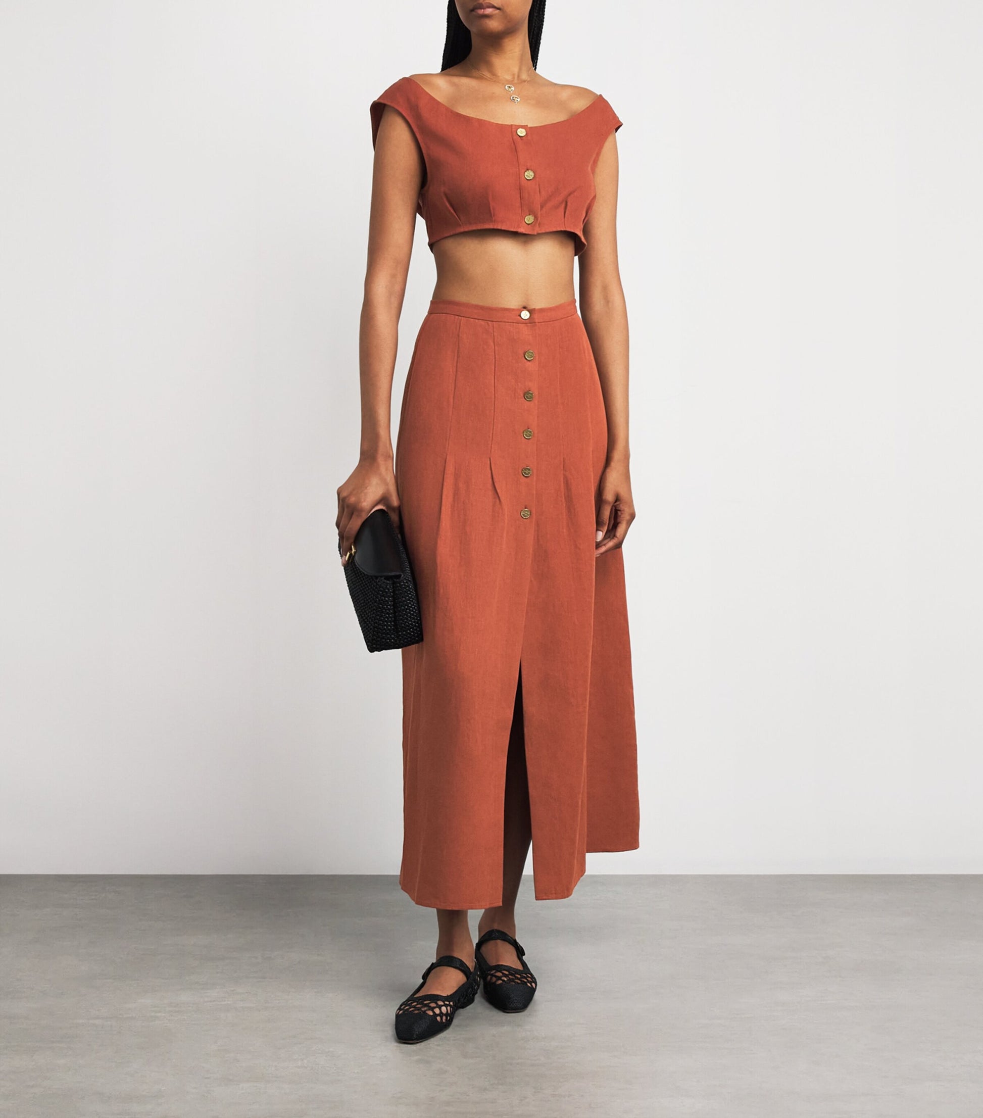 Le Kasha Red Linen Coin-Detail Maxi Skirt