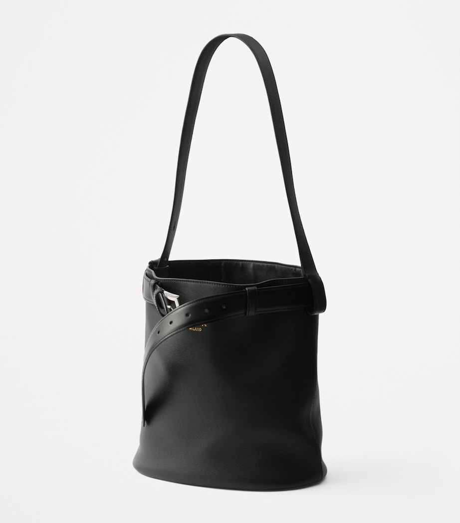 Black Leather Buckled Bucket Bag
