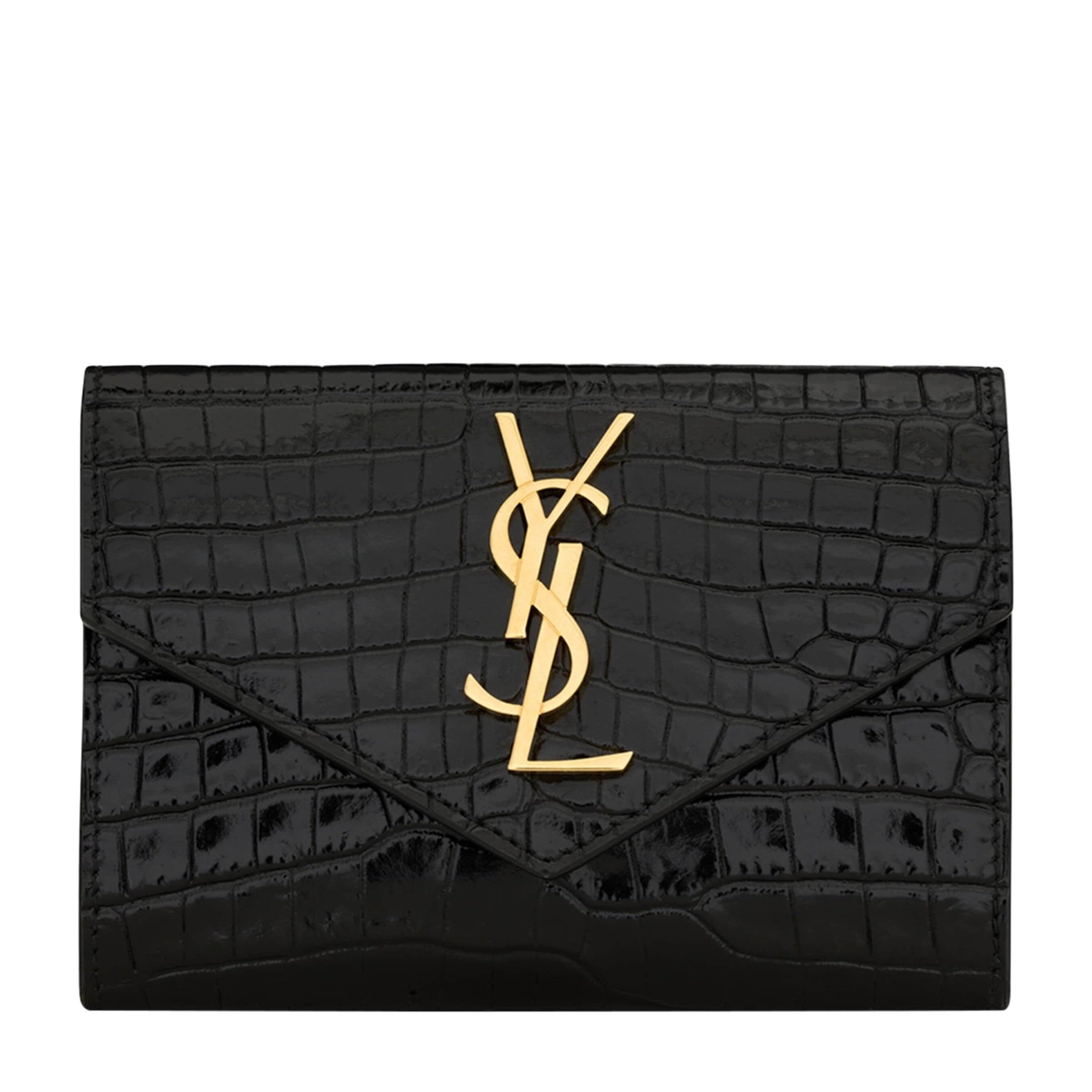 Saint Laurent Black Small Cassandre Croc-Embossed Wallet