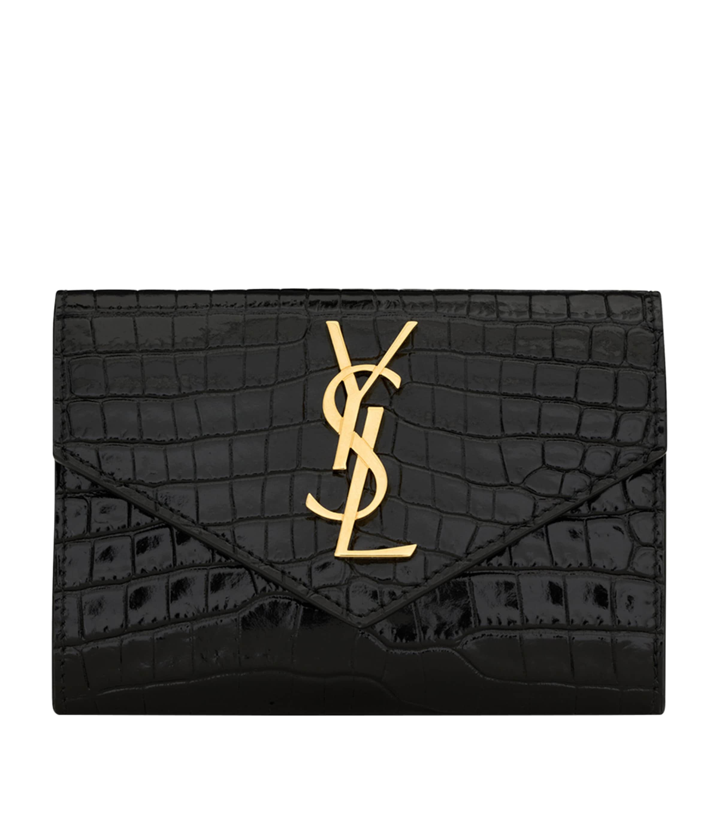 Saint Laurent Black Small Cassandre Croc-Embossed Wallet