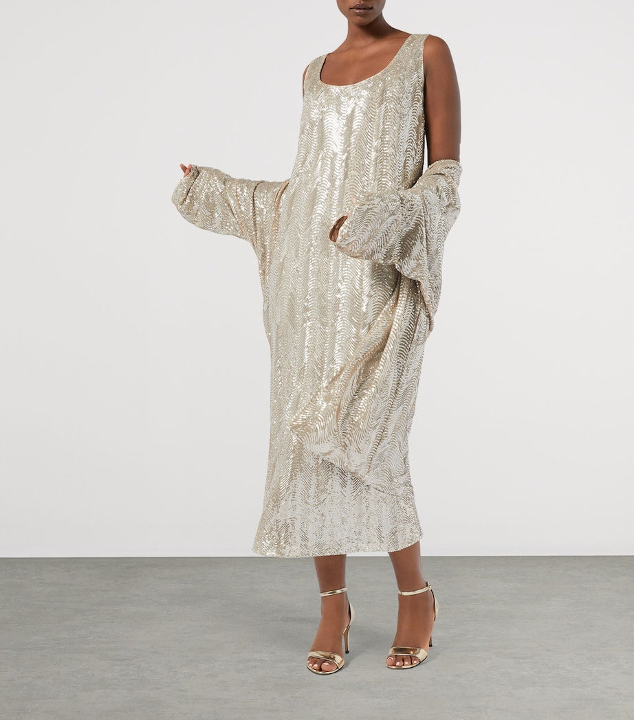 Marina Rinaldi Beige Sequin-Embellished Sacco Midi Dress