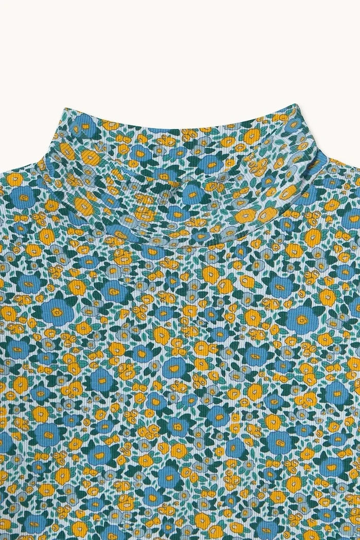 Çocuklar için pamuk ve elastan uzun kollu bluz FLOWER PATTERN RIB MOCKNECK