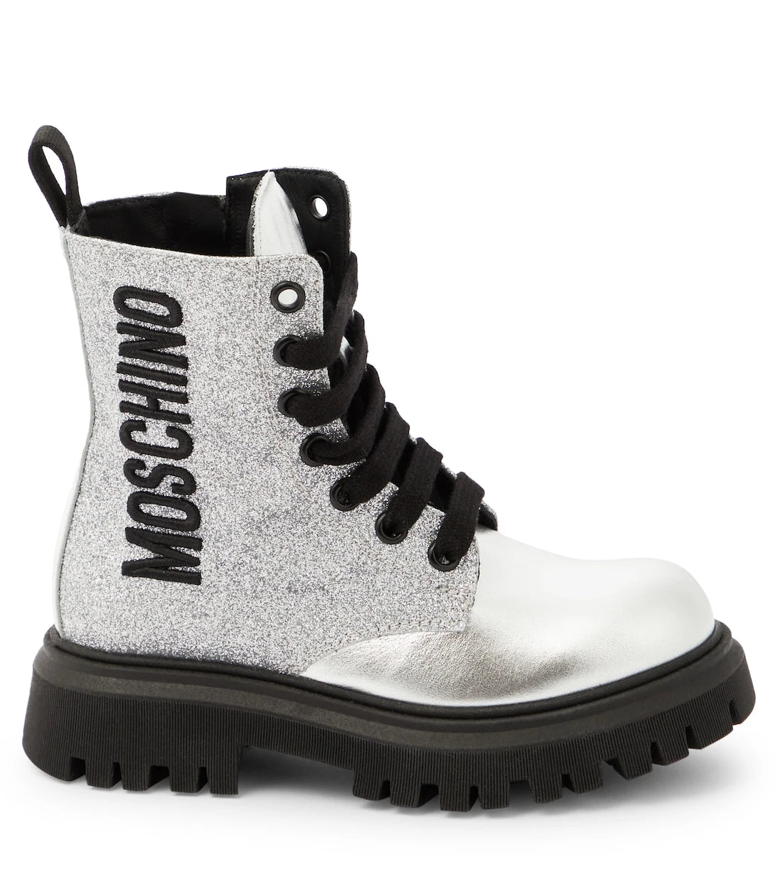 Moschino Kids - بوت جلد لامع بشعار