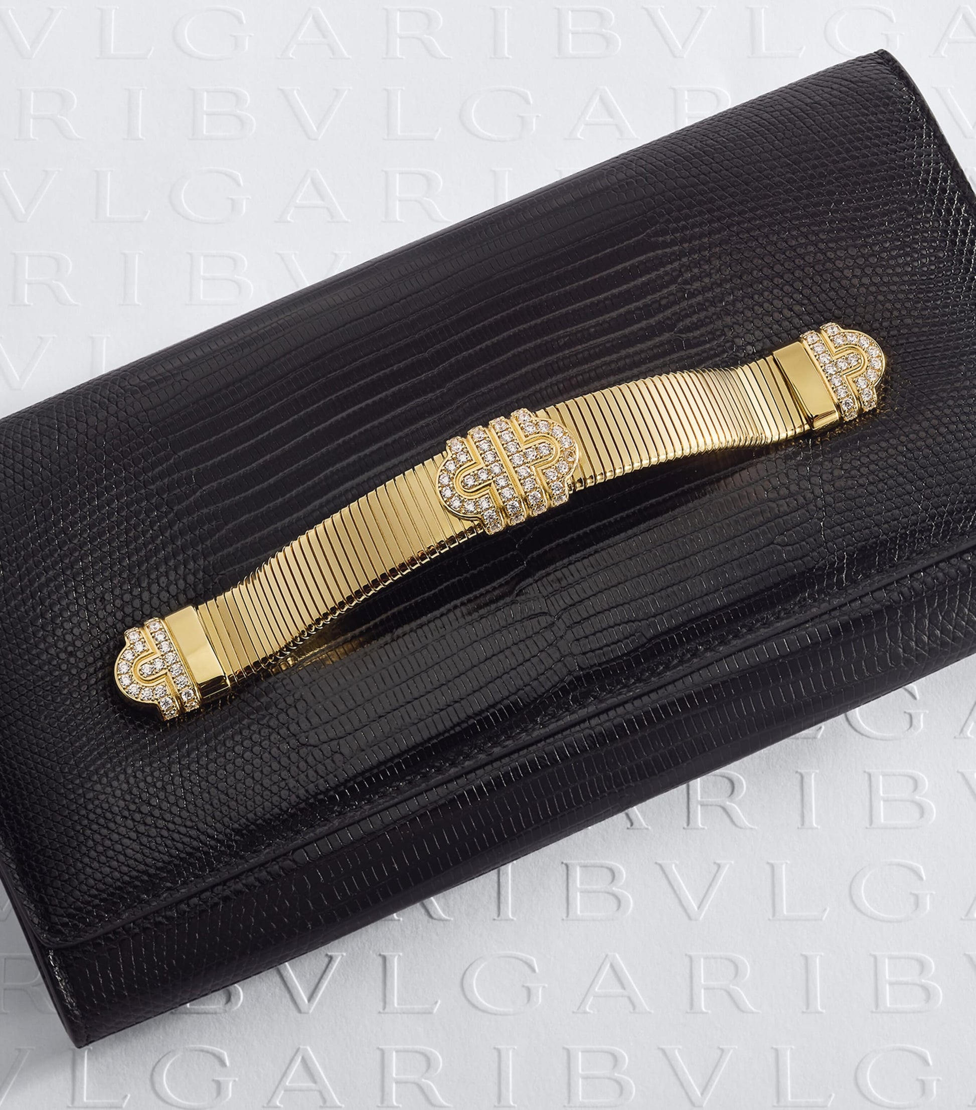 Bvlgari Black Lizard Leather Tubogas Clutch Bag