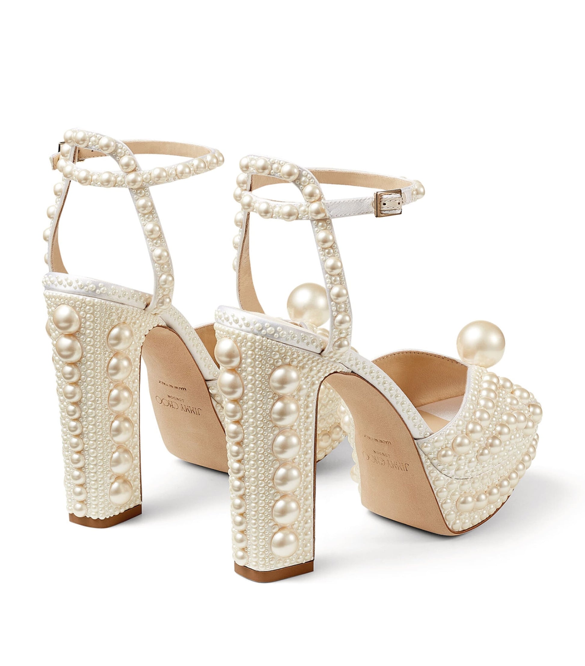 Jimmy Choo White Sacaria 120 Pearl-Embellished Satin Platform Sandals