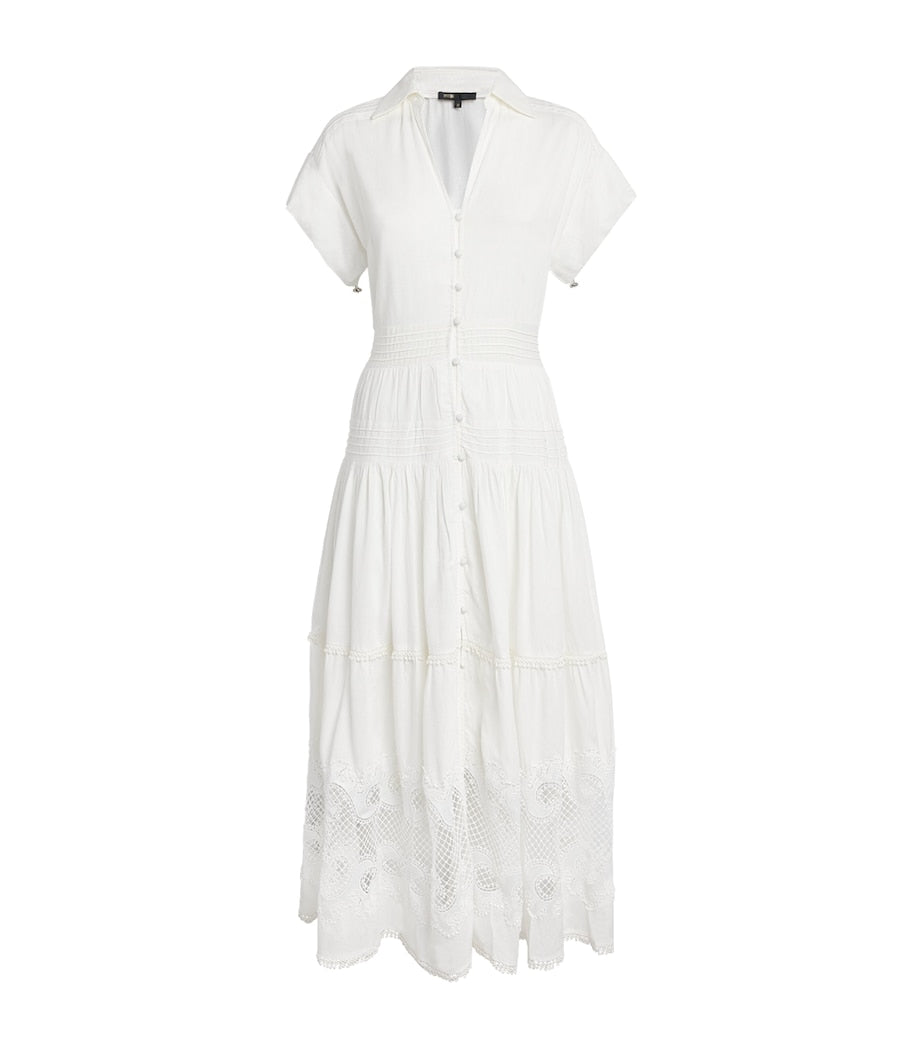Maje White Lace-Insert Maxi Shirt Dress