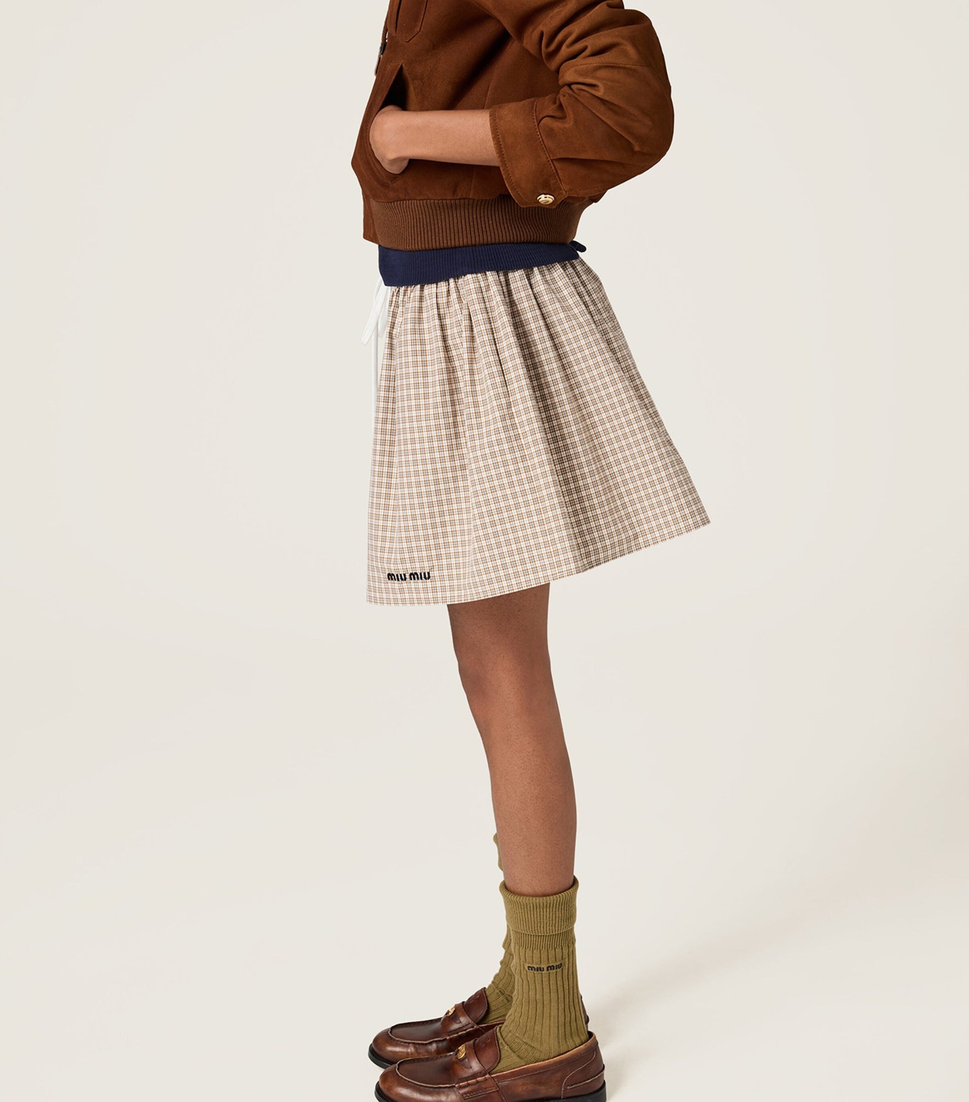 Brown Cotton Poplin Check Mini Skirt