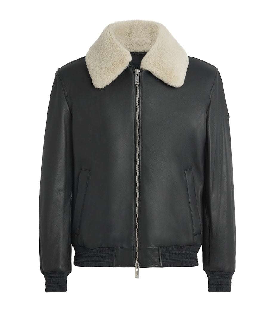 Moose Knuckles Black Shearling-Trim Leather Bomber Jacket
