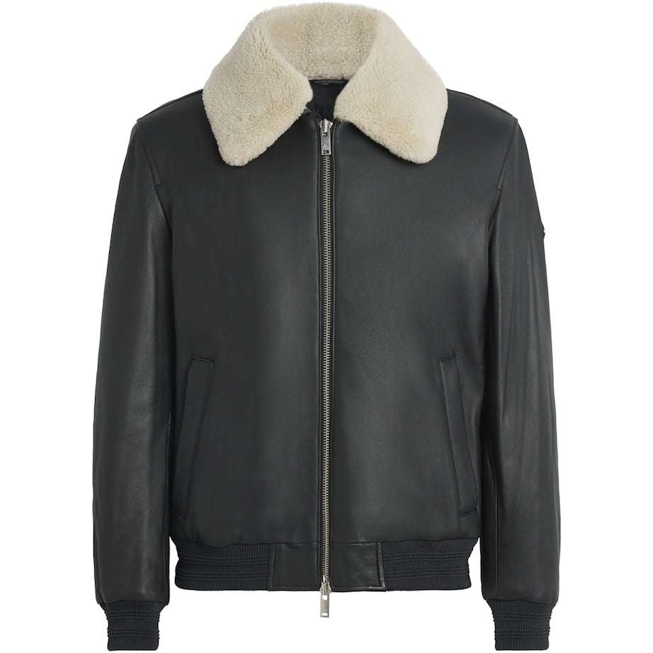 Moose Knuckles Black Shearling-Trim Leather Bomber Jacket