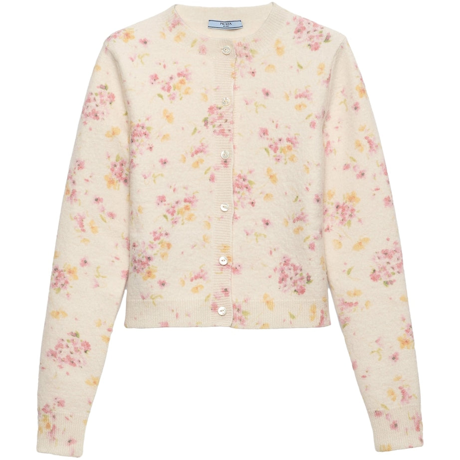 Prada Pink Wool-Blend Floral Cardigan