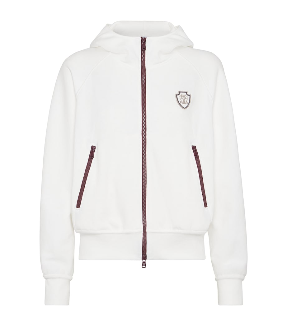 White Techno Cotton Piqué Zip-Up Hoodie
