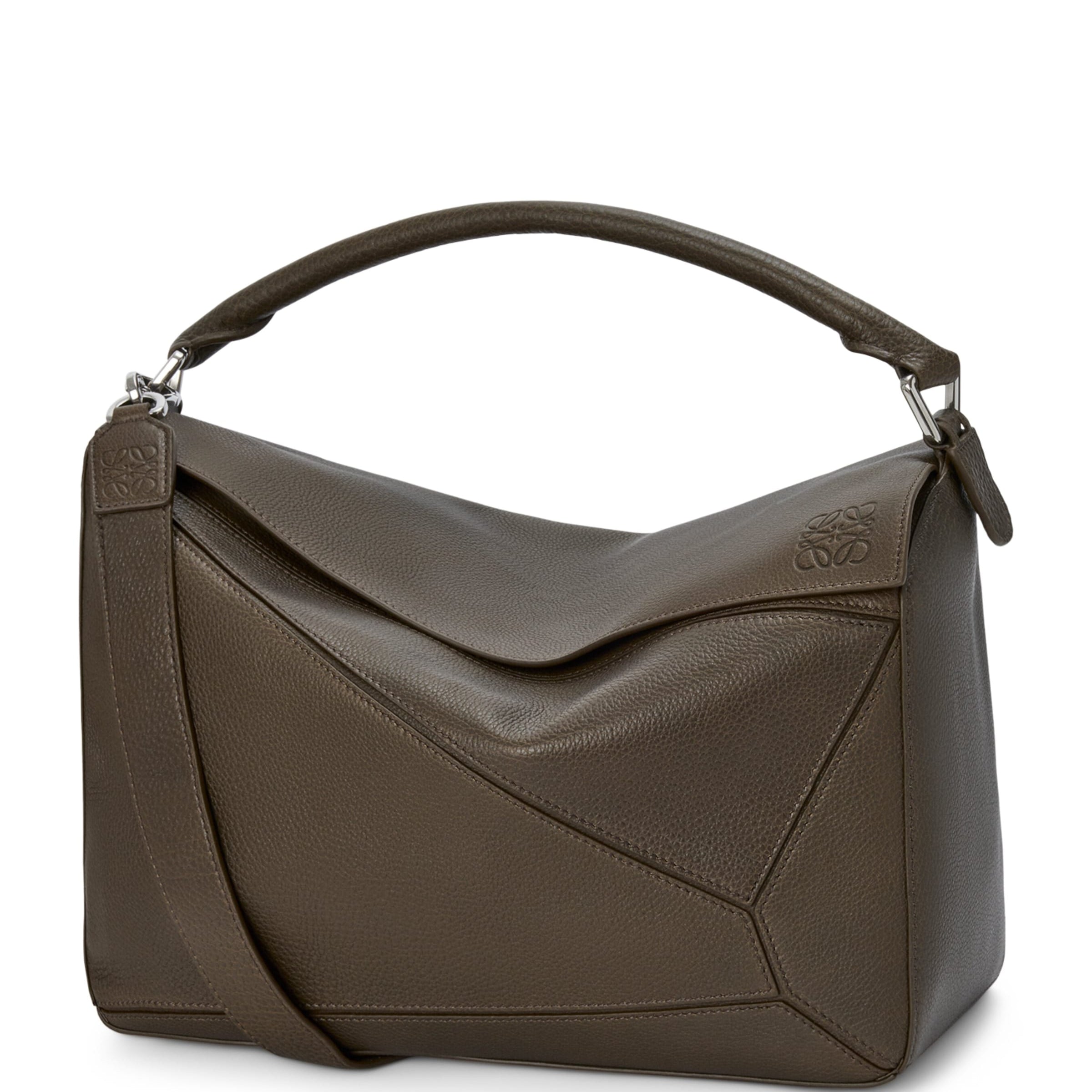 Grey Large Leather Puzzle Edge Top-Handle Bag
