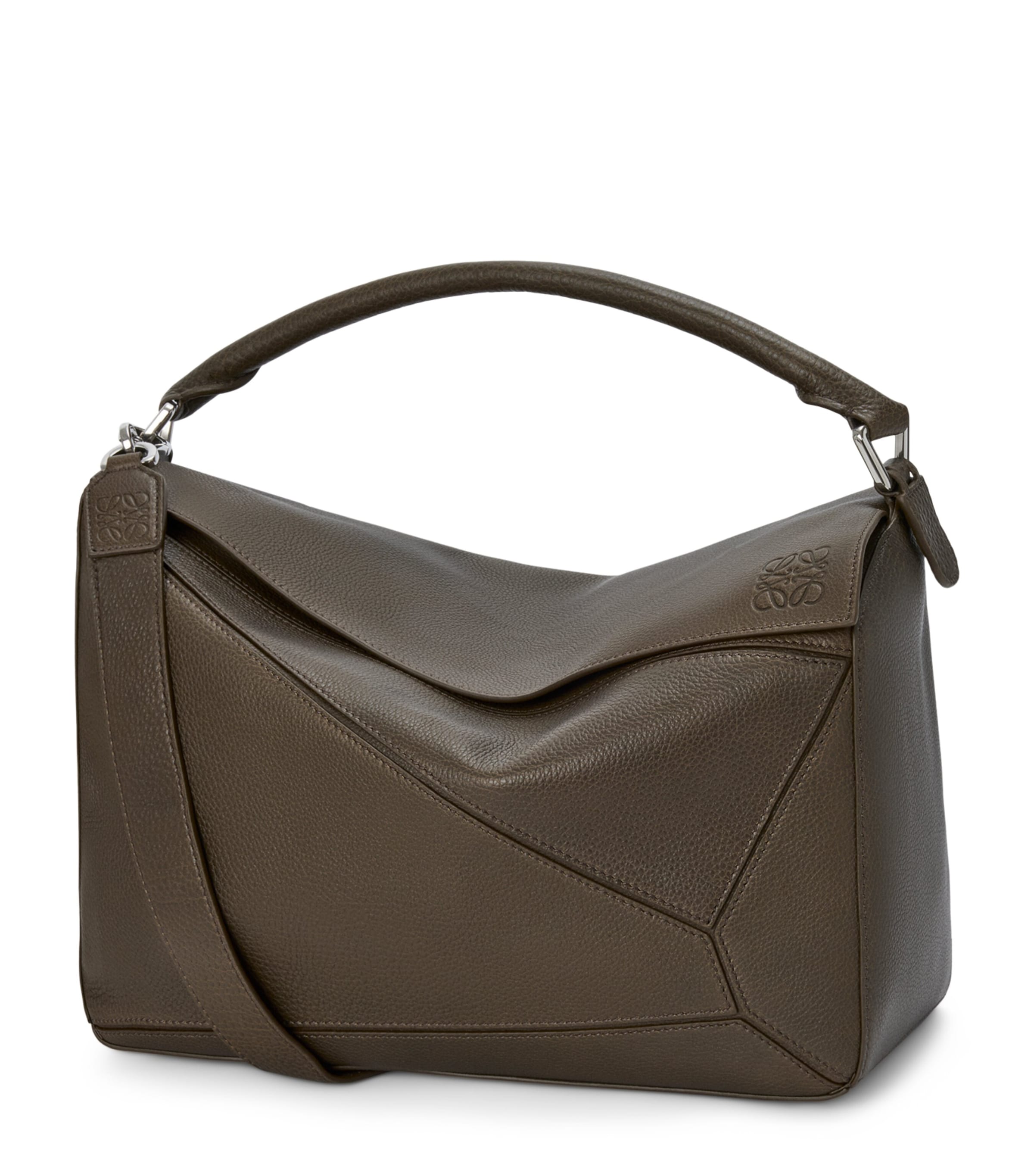 Grey Large Leather Puzzle Edge Top-Handle Bag
