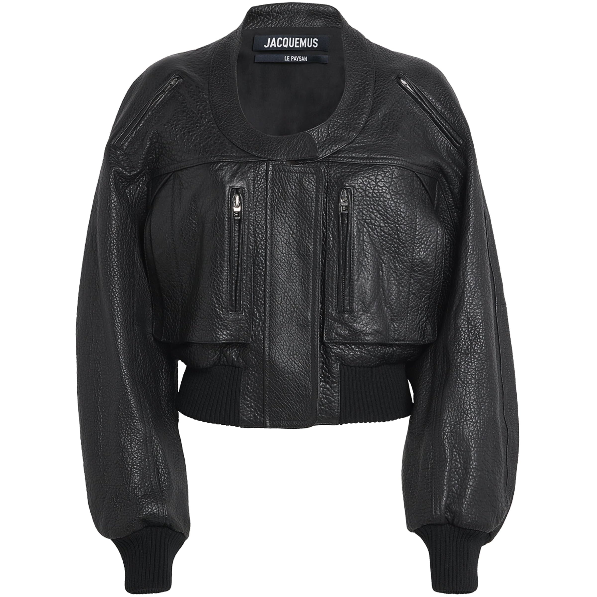Black Gained Leather Bomber Jacket