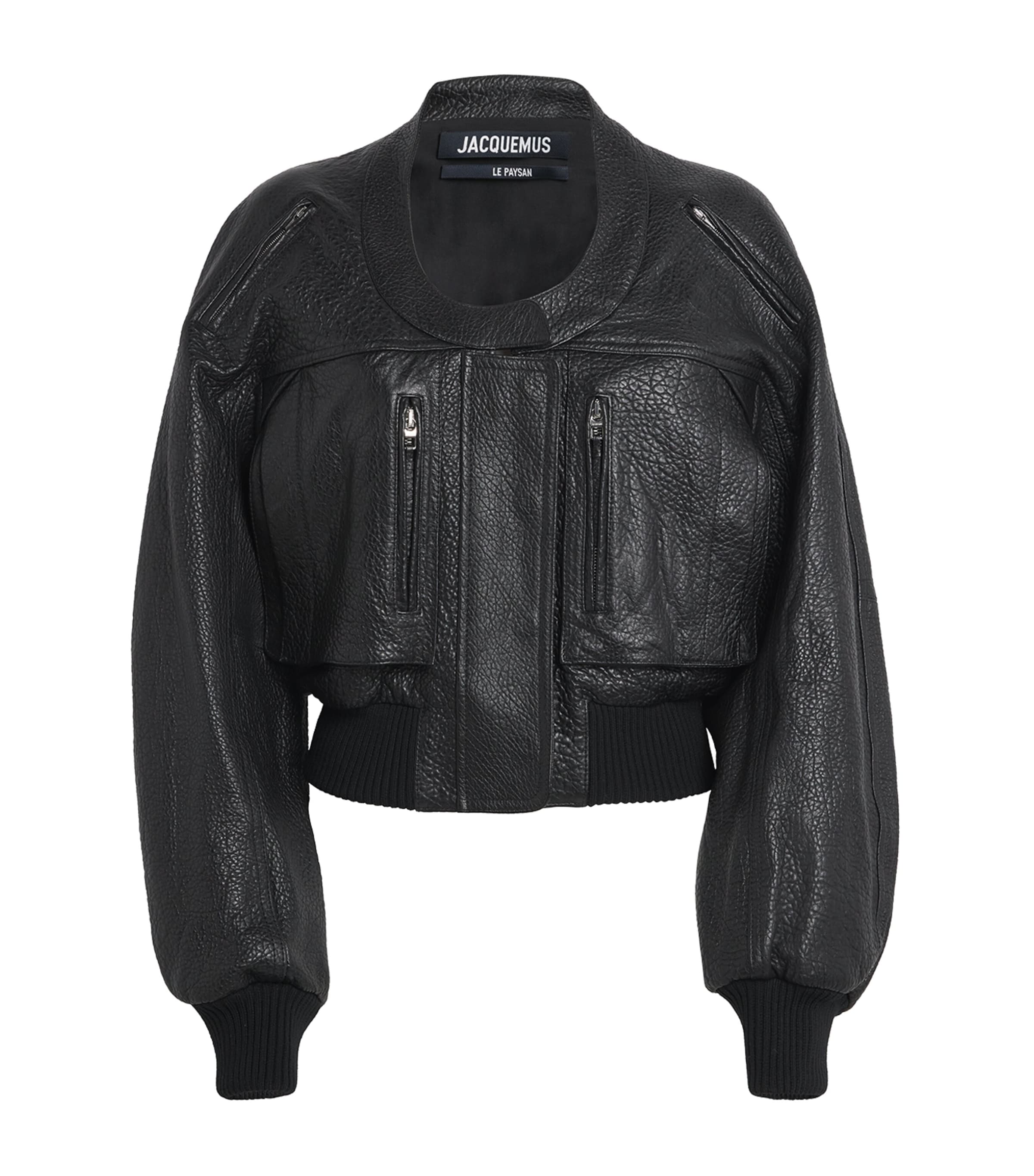 Black Gained Leather Bomber Jacket