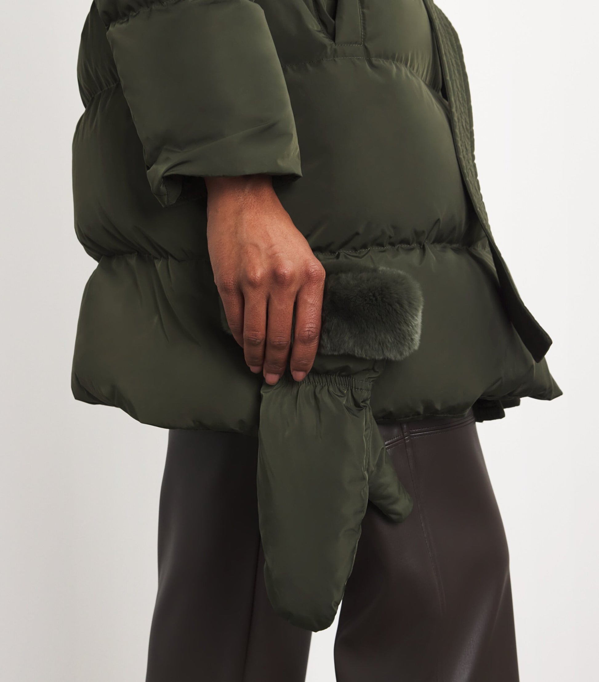 Yves Salomon Green Fur-Trim Down Coat with Mittens