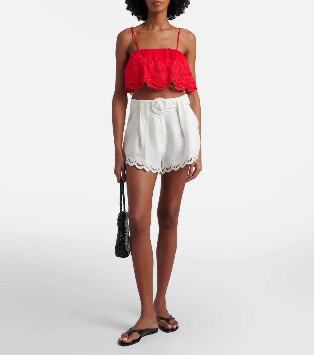 Farm Rio - Belted pleated scalloped linen shorts