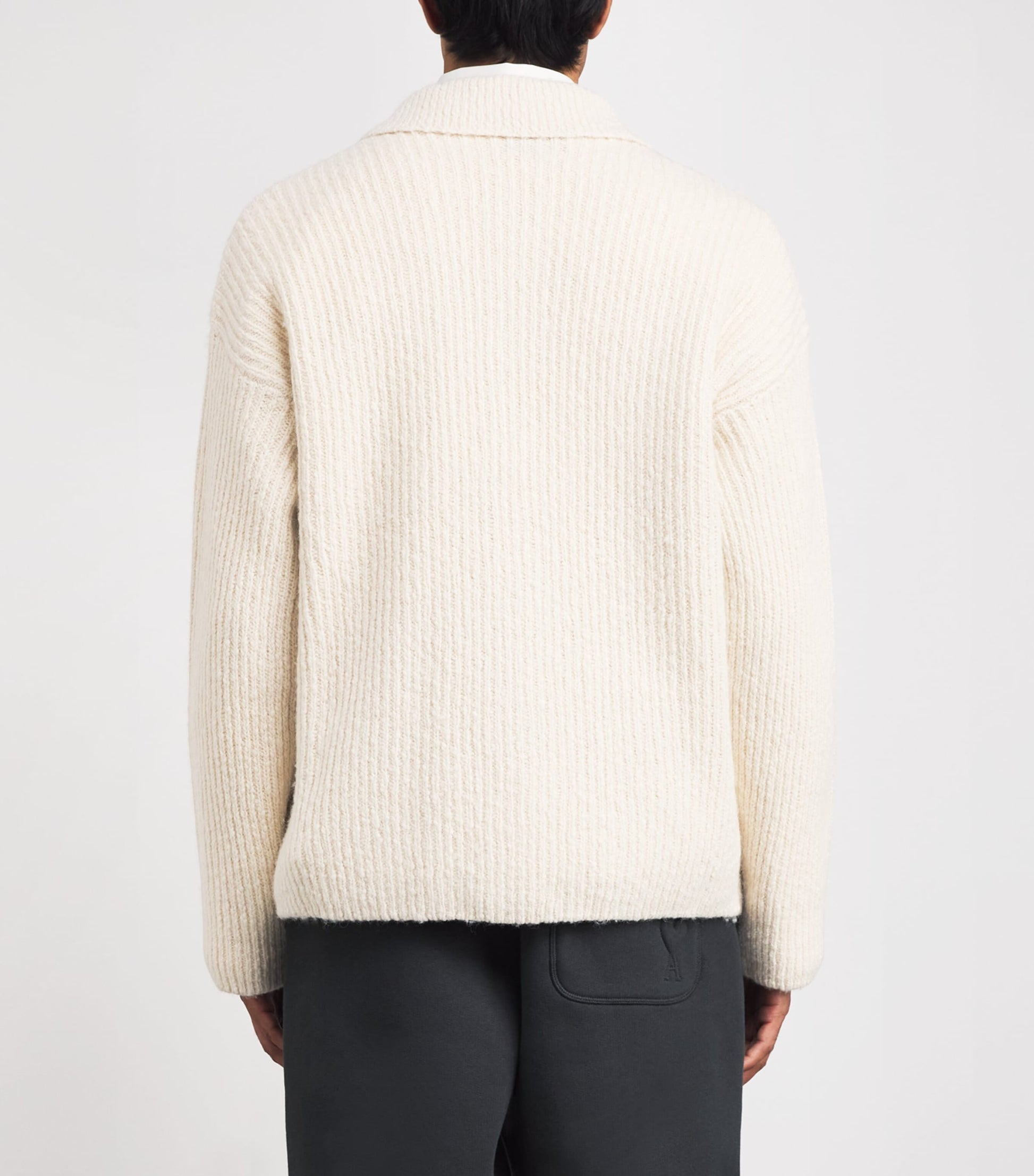Beige Wool-Blend Rib-Knit Cardigan