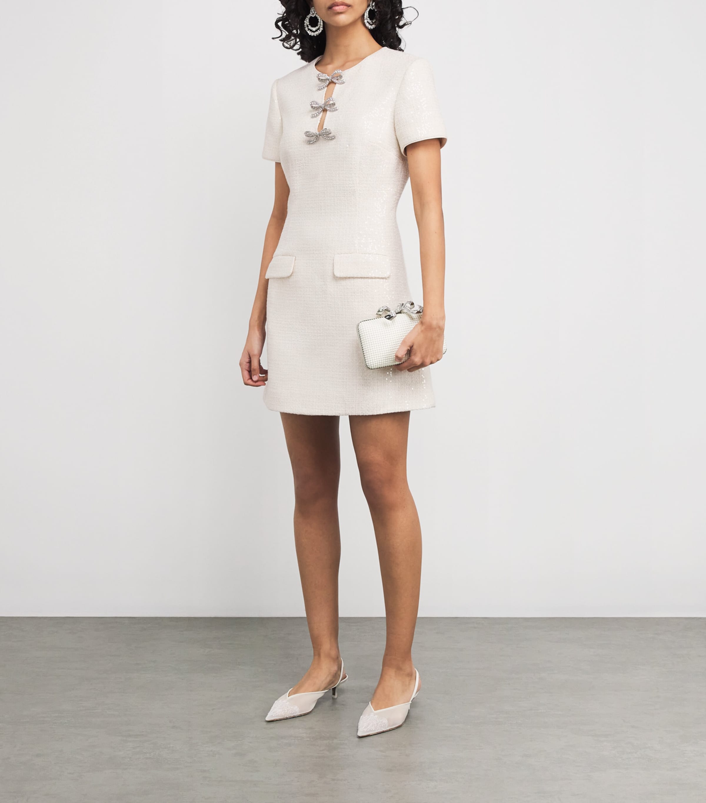Self-Portrait Ivory Sequin Bouclé Bow Midi Dress