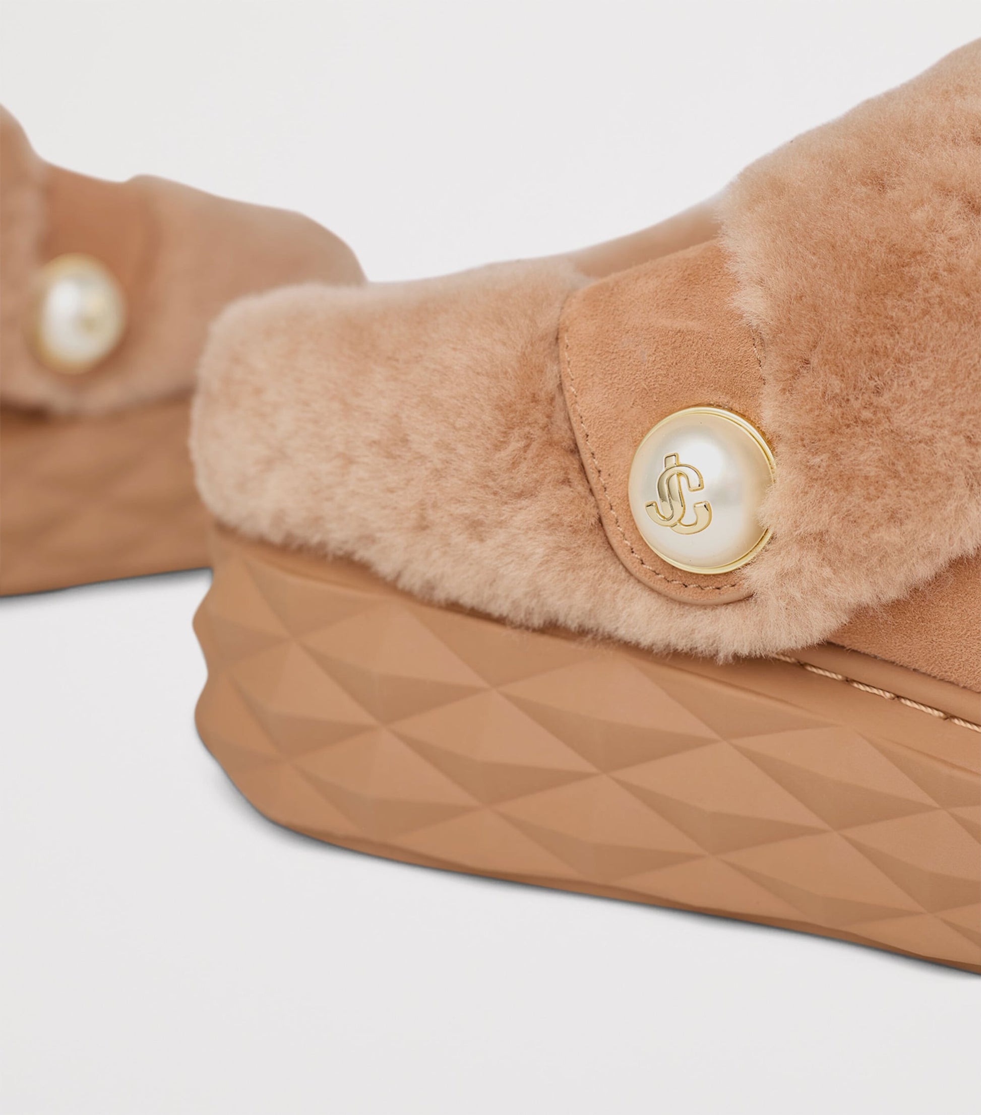 Beige Diamond Maxi Suede-Shearling Mules