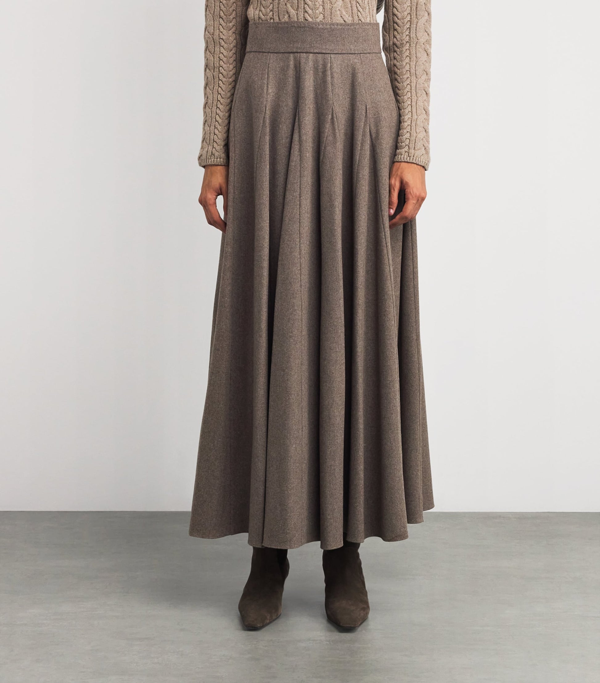Max Mara Beige Stretch Wool Flared Maxi Skirt