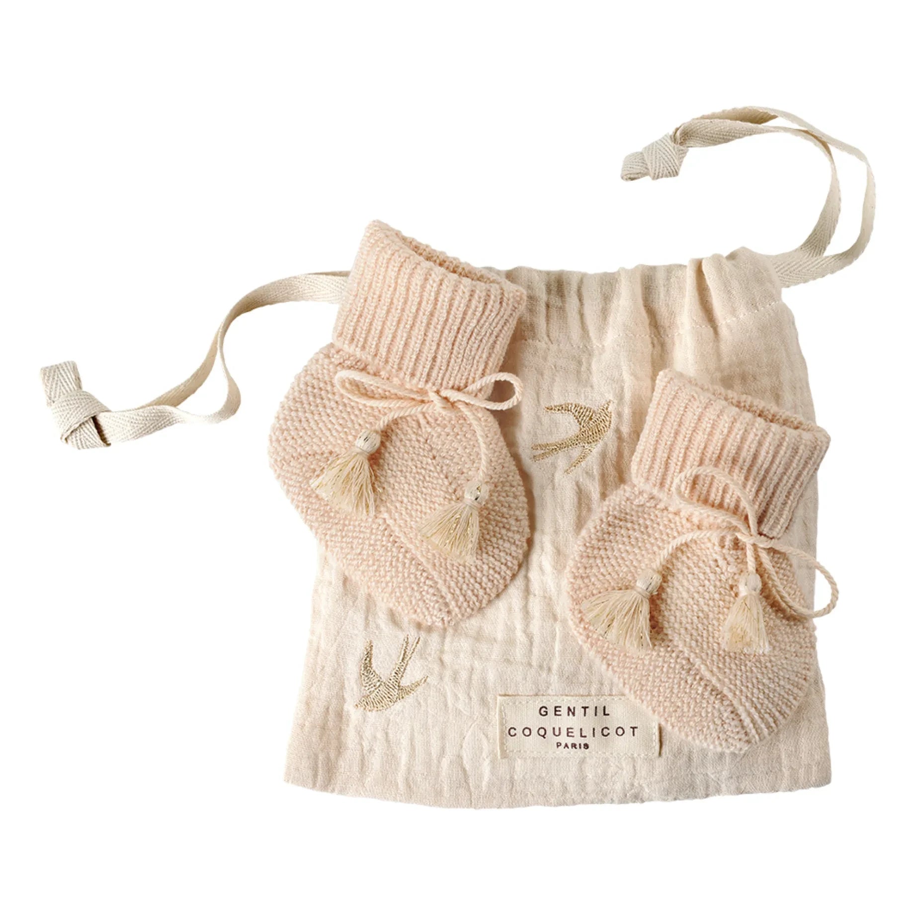 Gentil Coquelicot - Knitted Booties and Embroidered Pouch | Nude