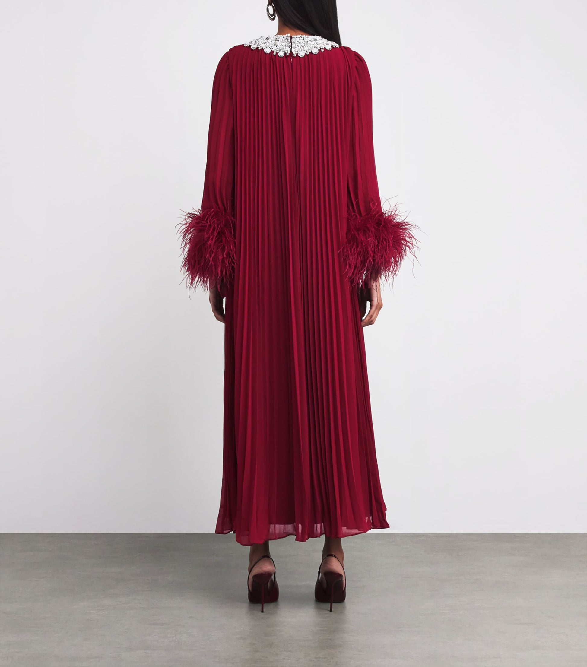 Self-Portrait Burgundy Ostrich Feather-Trim Maxi Dress
