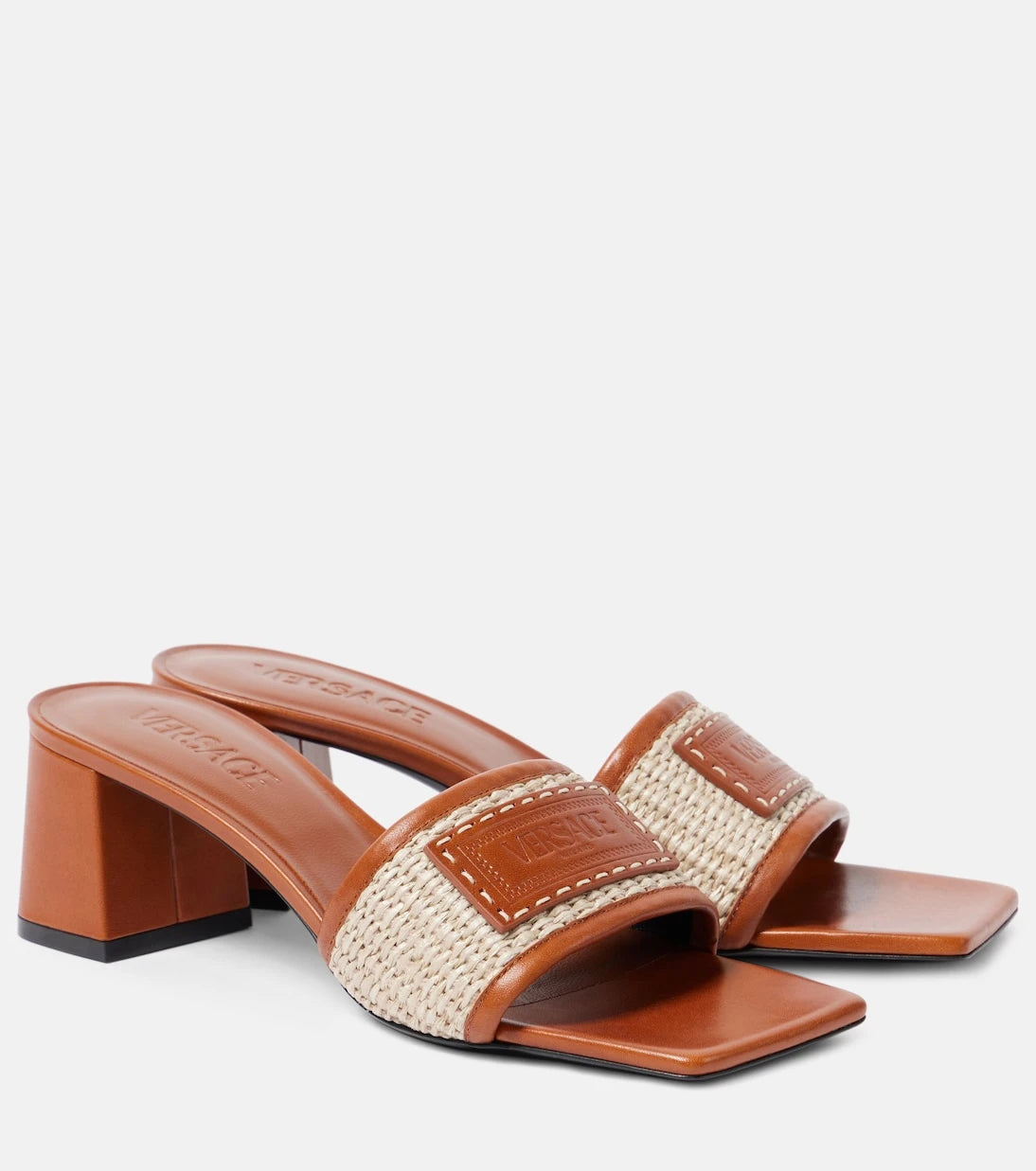 Versace - Theia Barocco deri şeritli rafya mule terlik