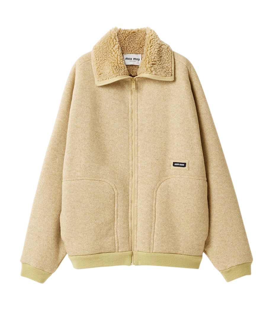 Neutral Fleece-Lined Bomber Jacket