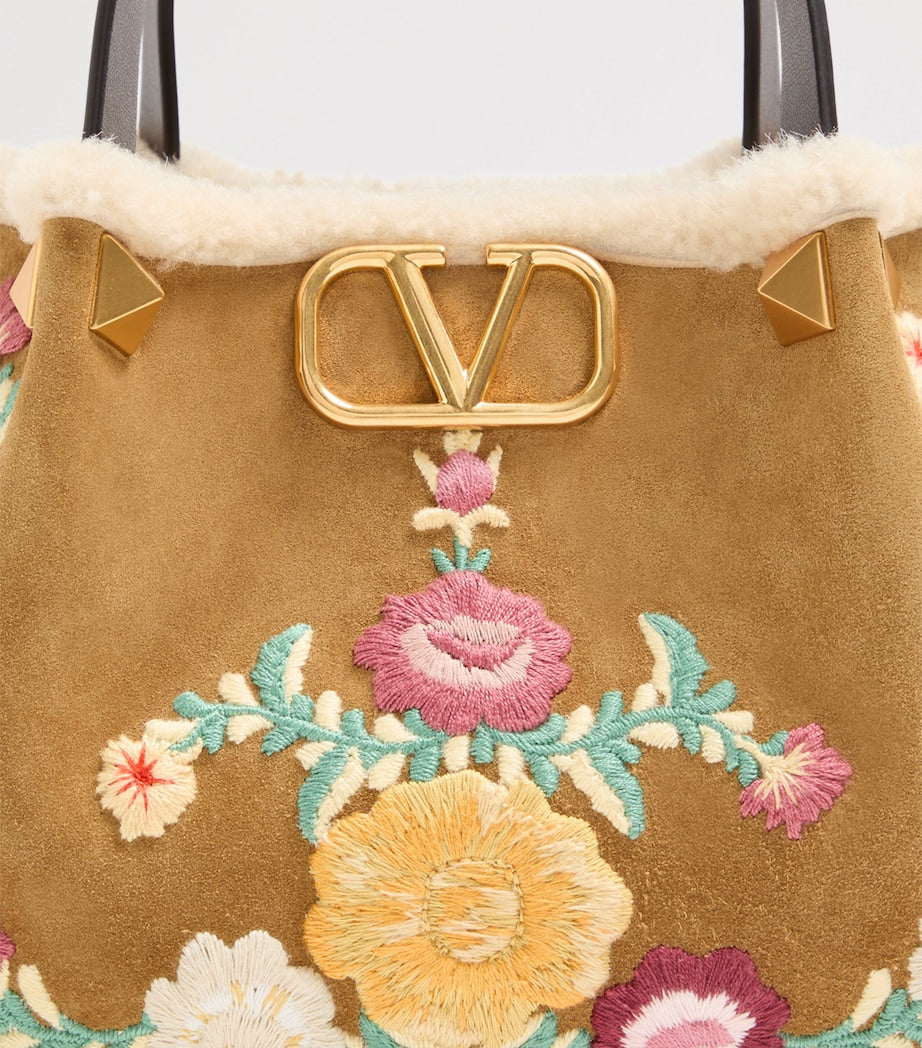 Valentino Garavani Beige Small Suede Floral Tote Bag
