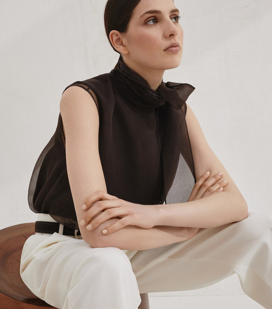 Brunello Cucinelli Brown Silk Pussybow Sleeveless Top