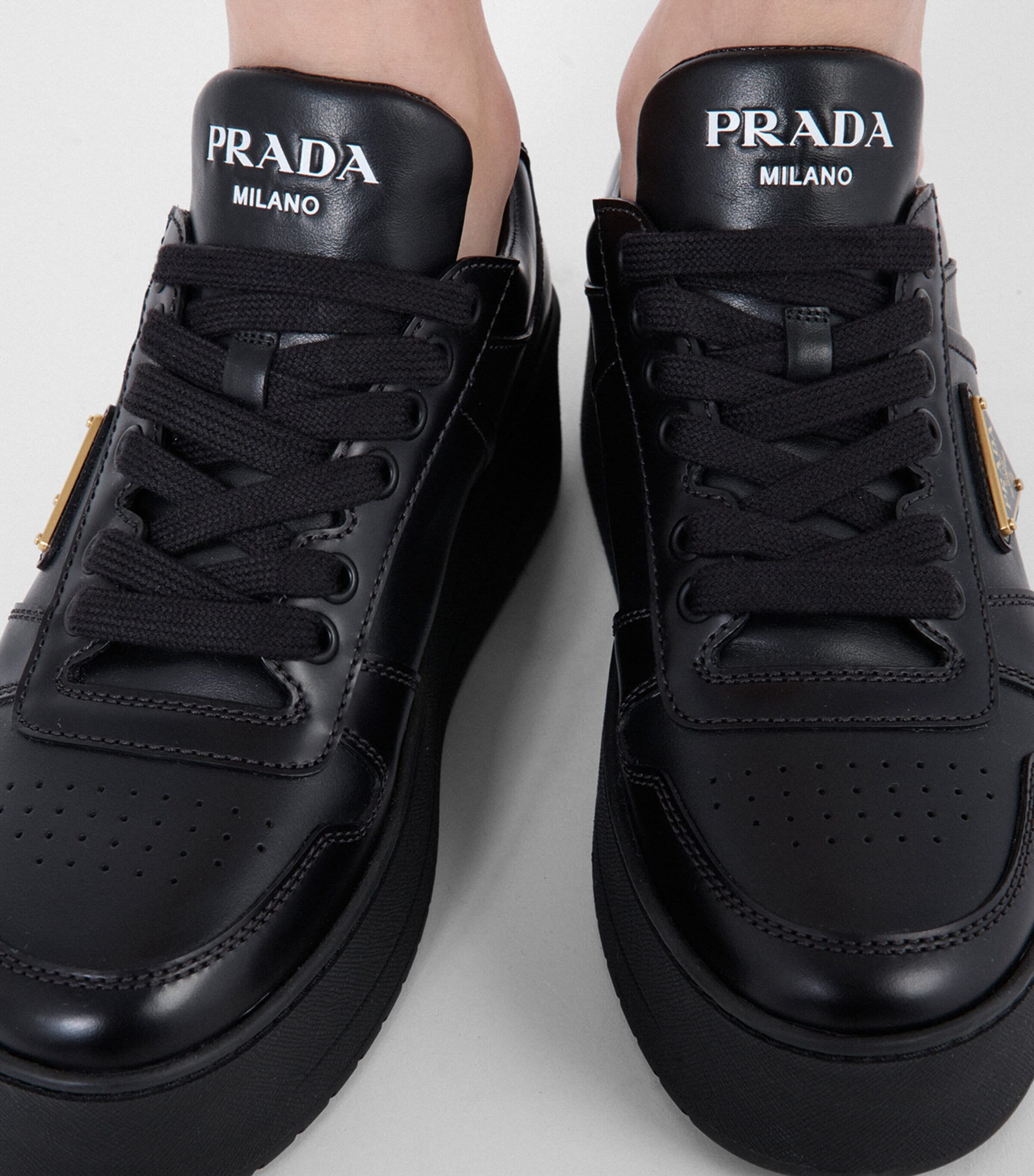 Prada Black Leather Downtown Bold Sneakers 50