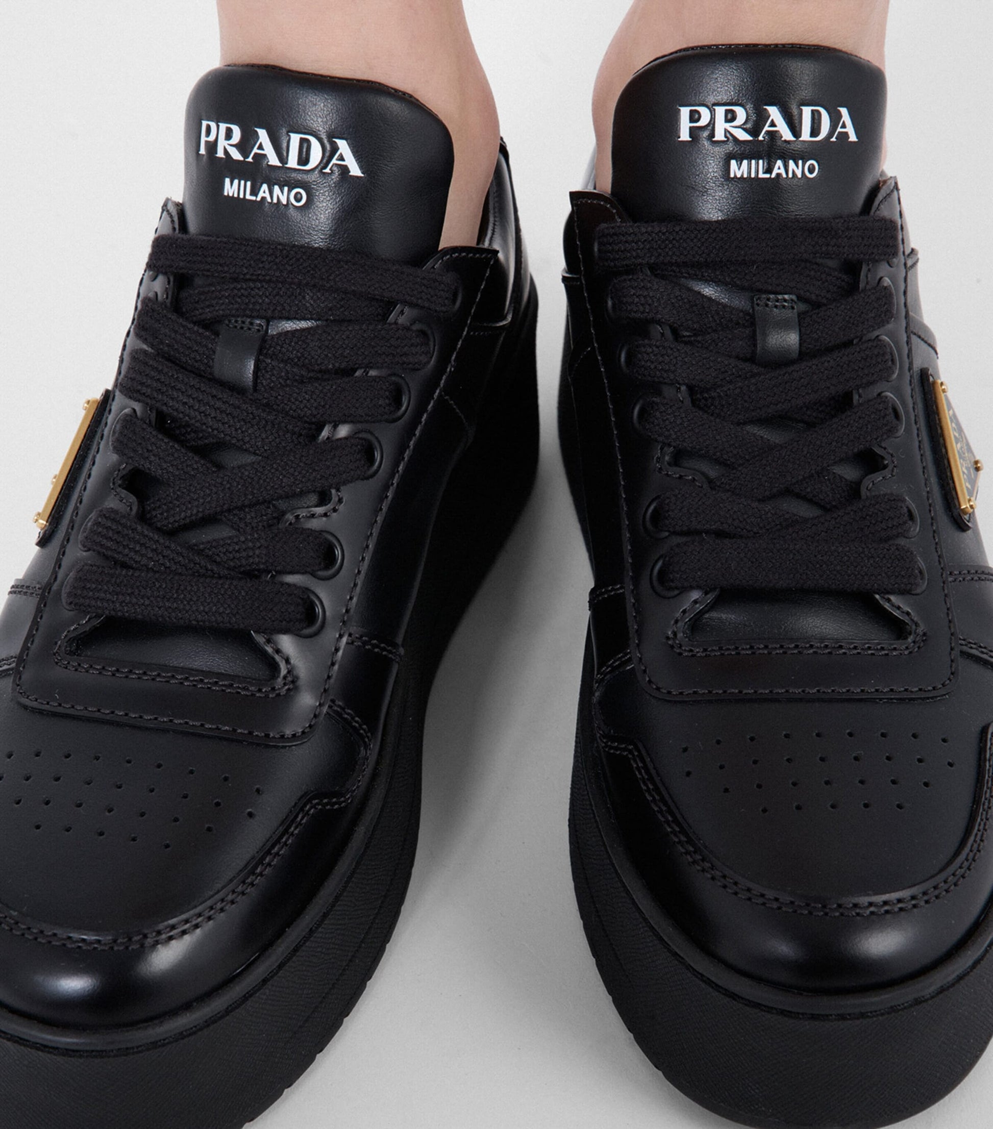 Prada Black Leather Downtown Bold Sneakers 50