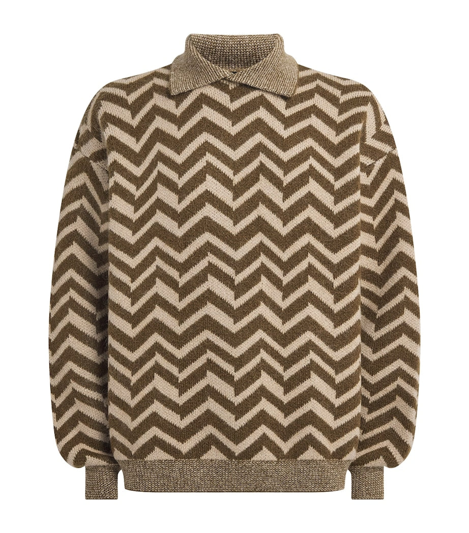 Brown Wool-Blend Chevron Jacquard Sweater