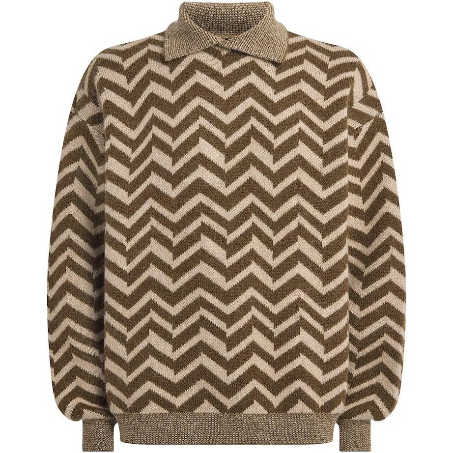 Brown Wool-Blend Chevron Jacquard Sweater