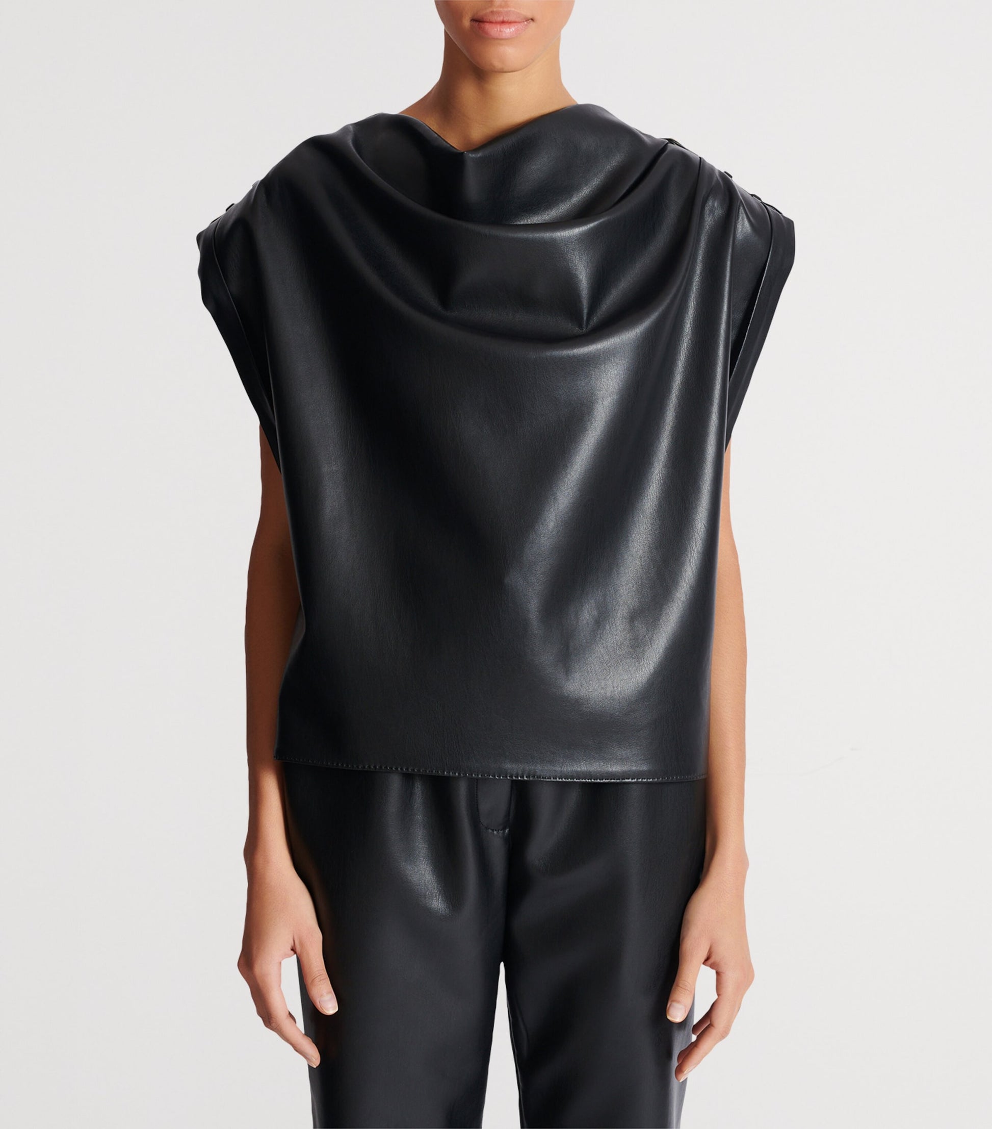 Balmain Black Faux Leather Draped Top