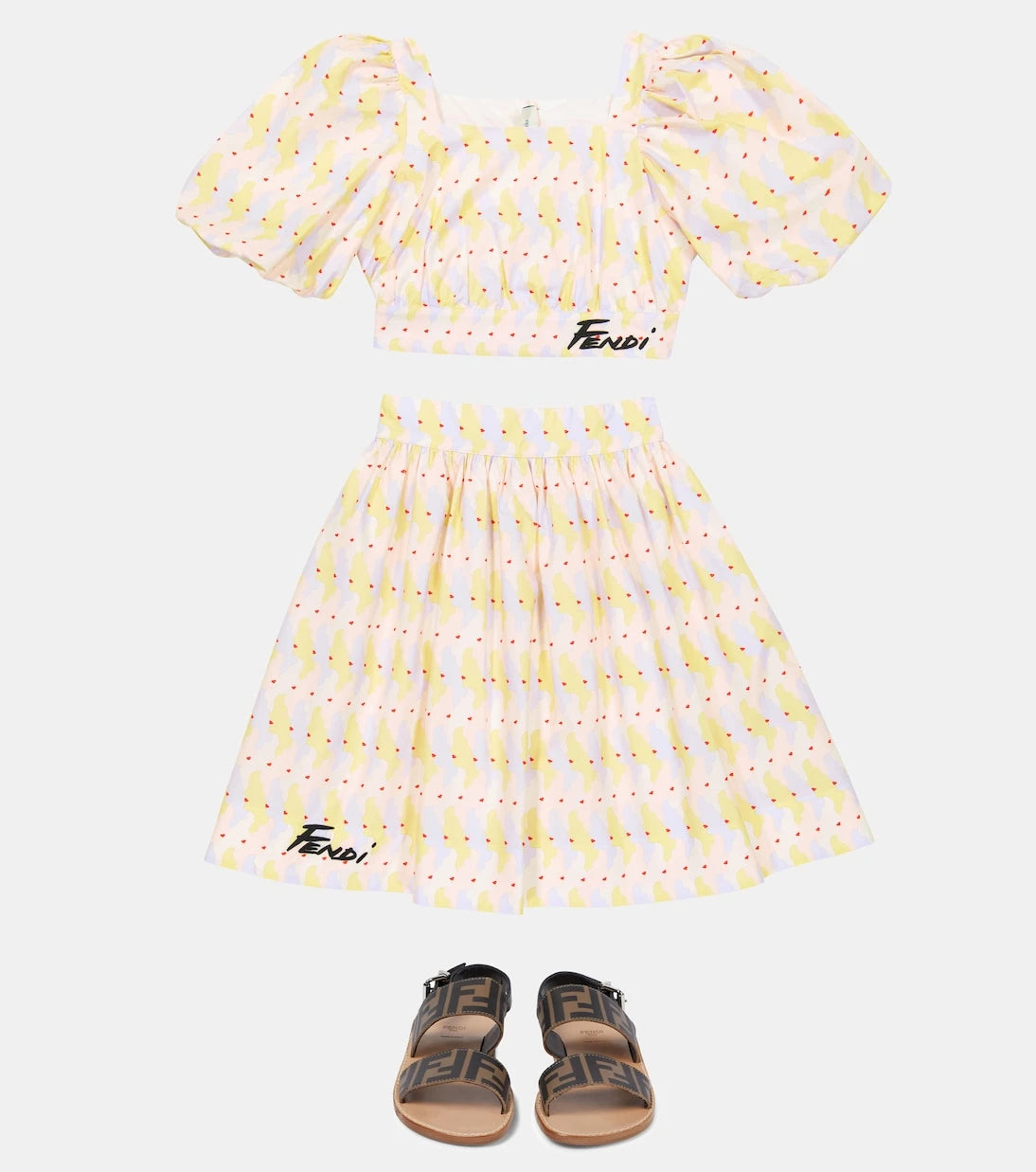 Fendi Kids - Printed puff-sleeve cotton crop top