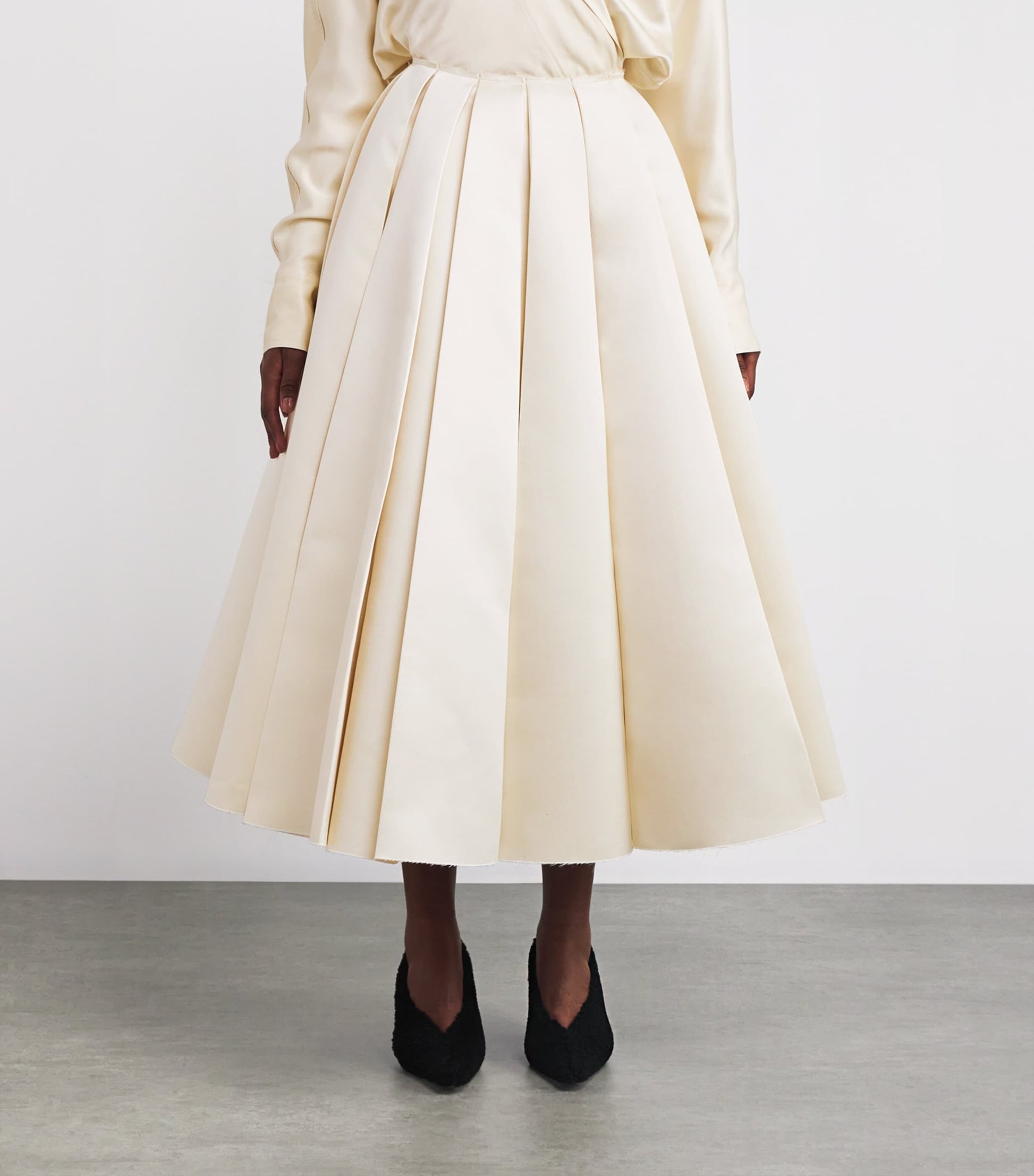 Ivory Satin Pleated Midi Skirt
