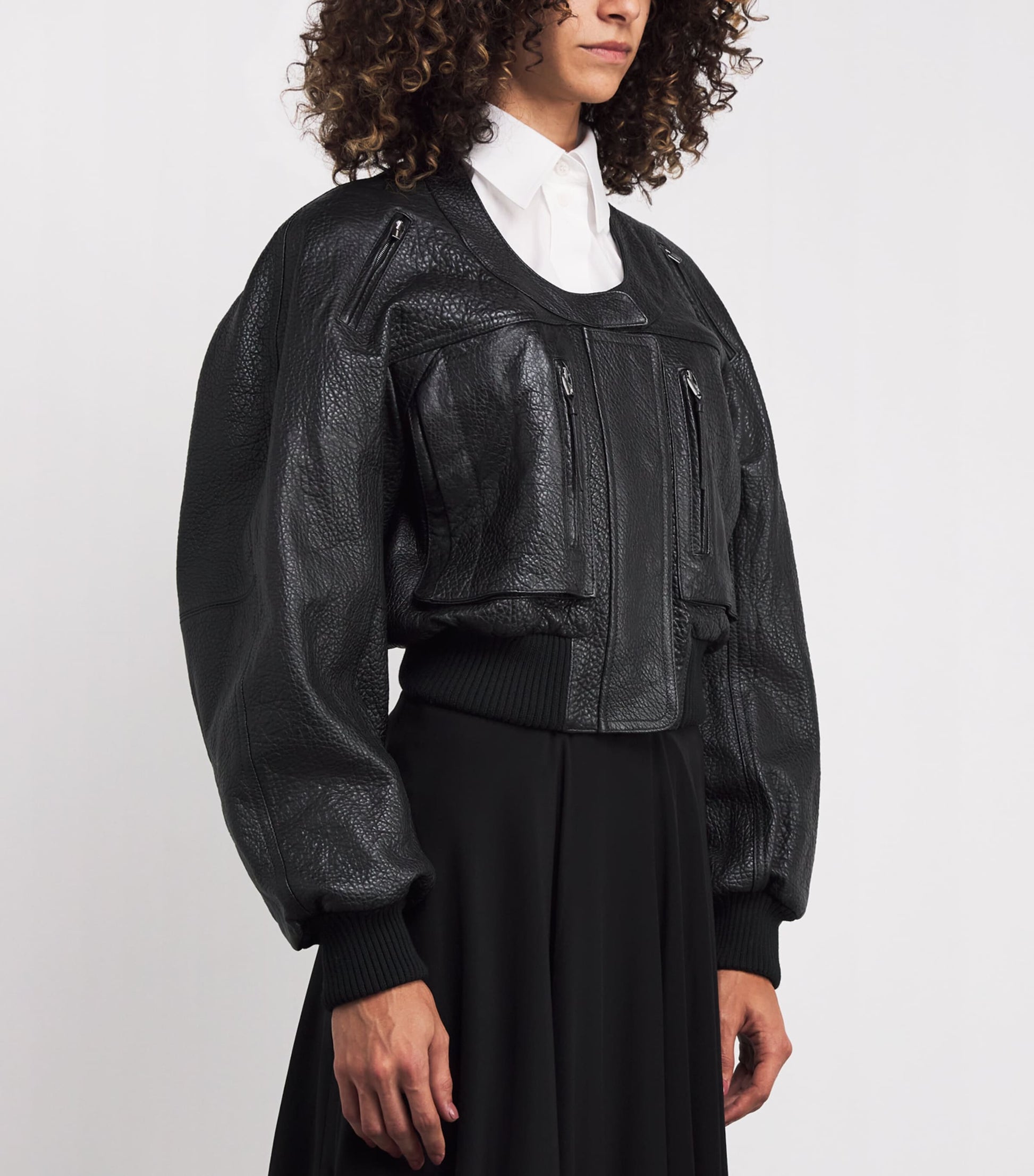 Black Gained Leather Bomber Jacket