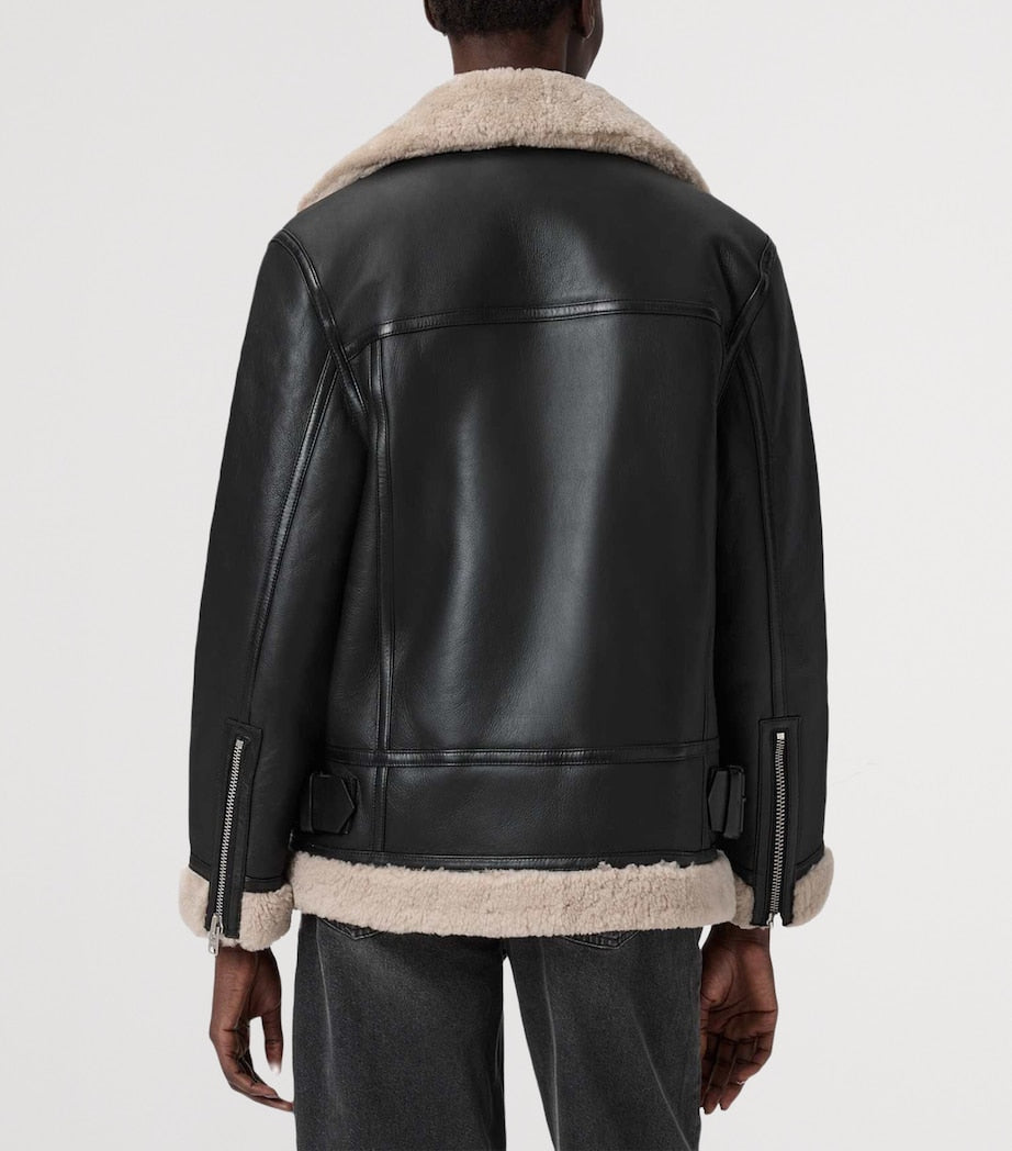 AllSaints Shearling Sola Leather Jacket BLACK/NATURAL