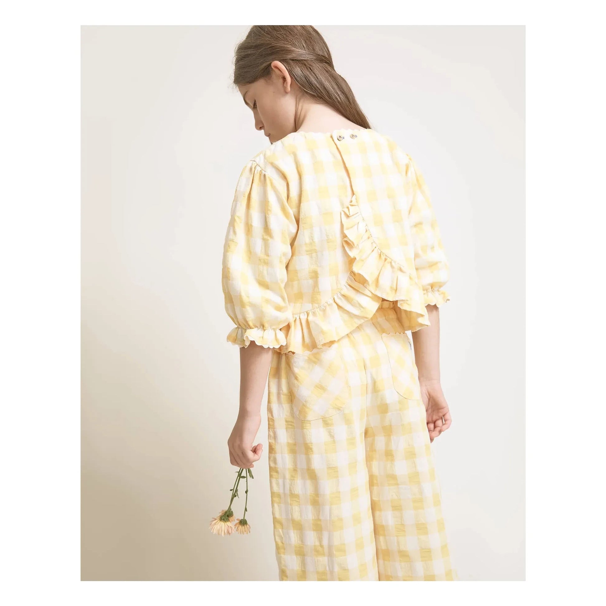 Búho - 3/4 Sleeve Gingham Seersucker Blouse | Yellow