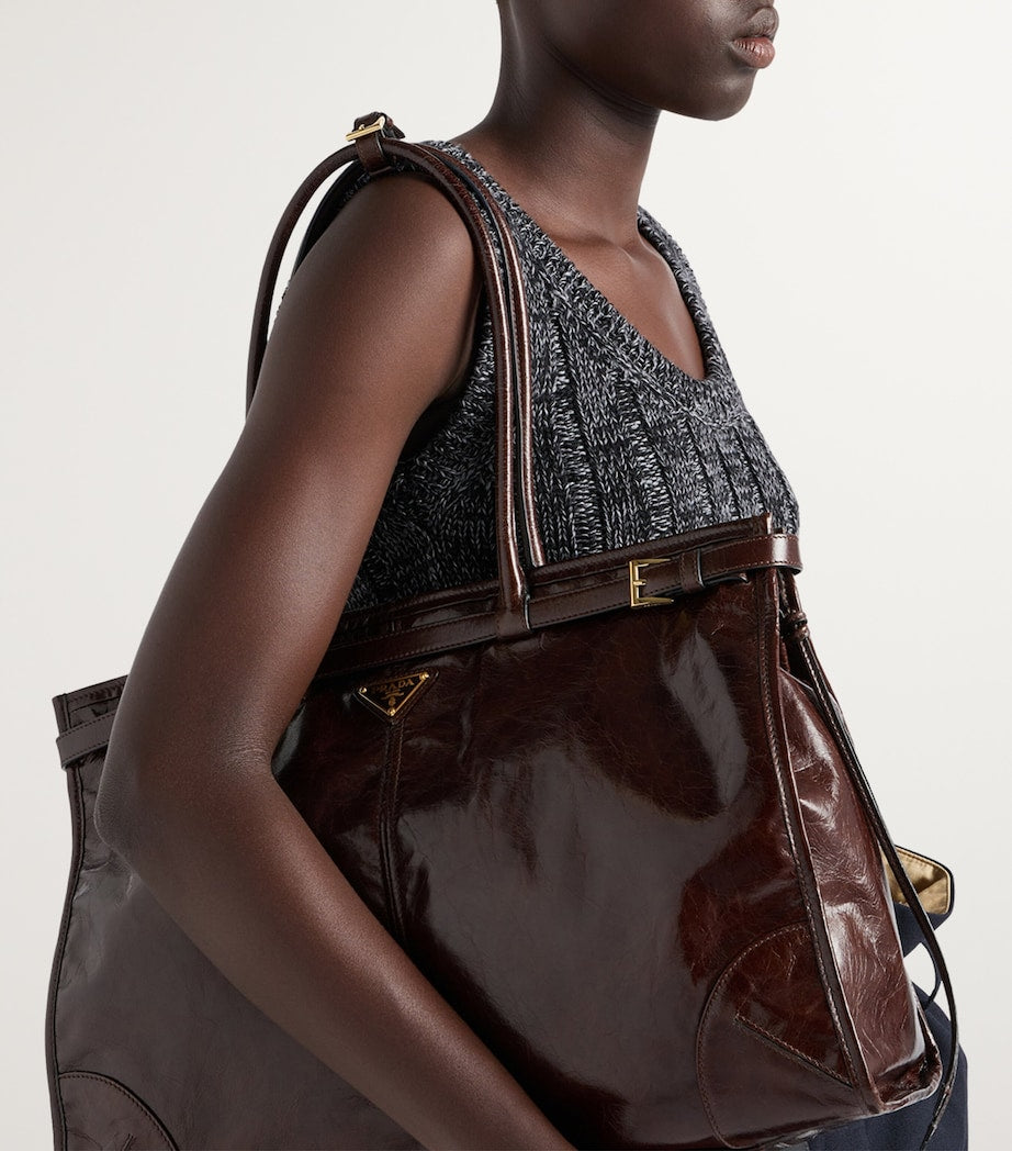 Prada Brown Large Leather Buckle Tote Bag
