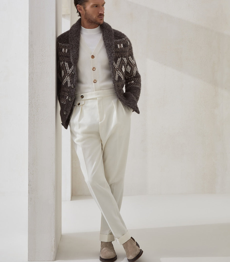 Brown Alpaca-Virgin Wool-Cashmere Jacquard Cardigan