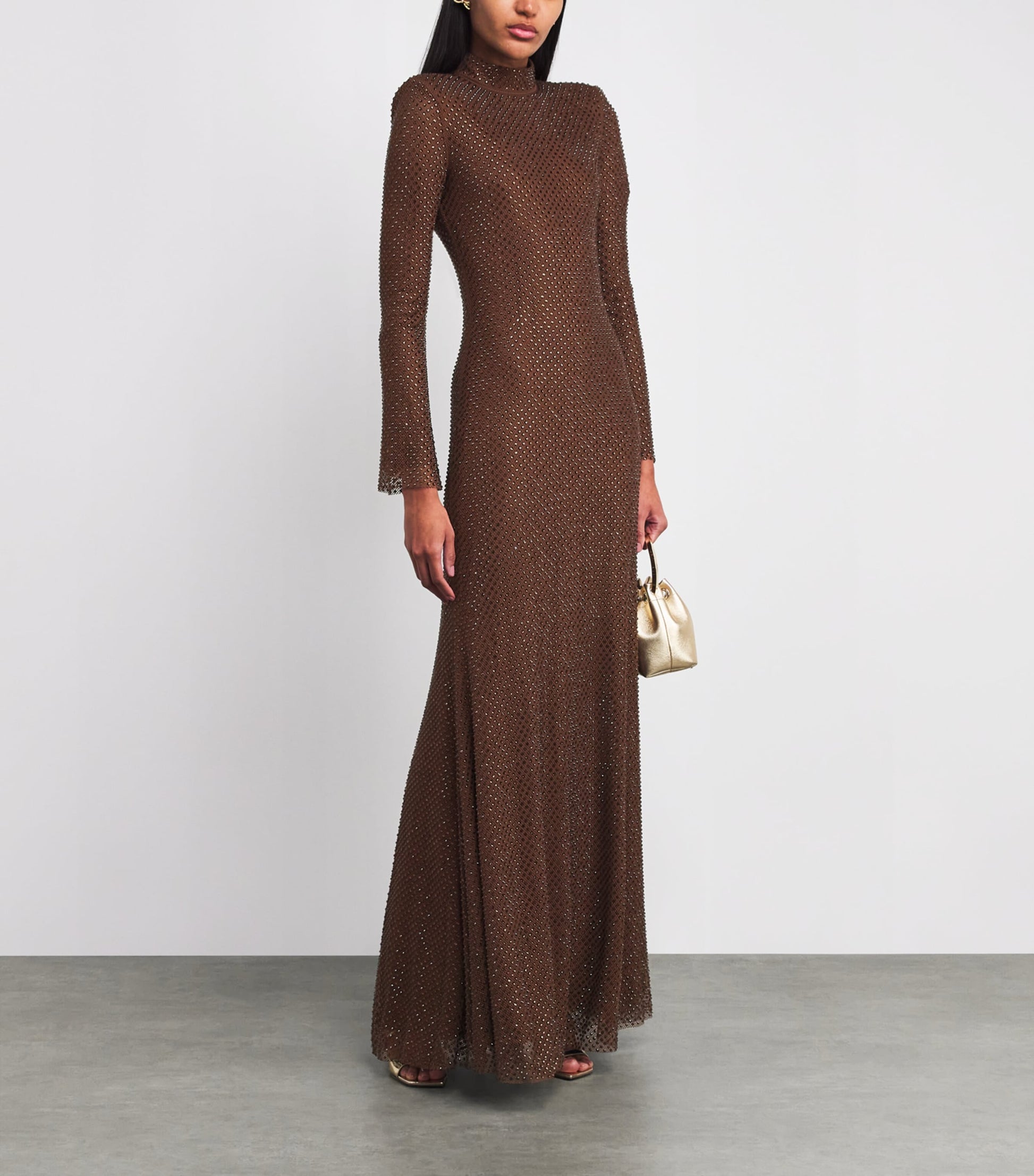 Self-Portrait Brown Mesh Rhinestone-Embellished Maxi Dress